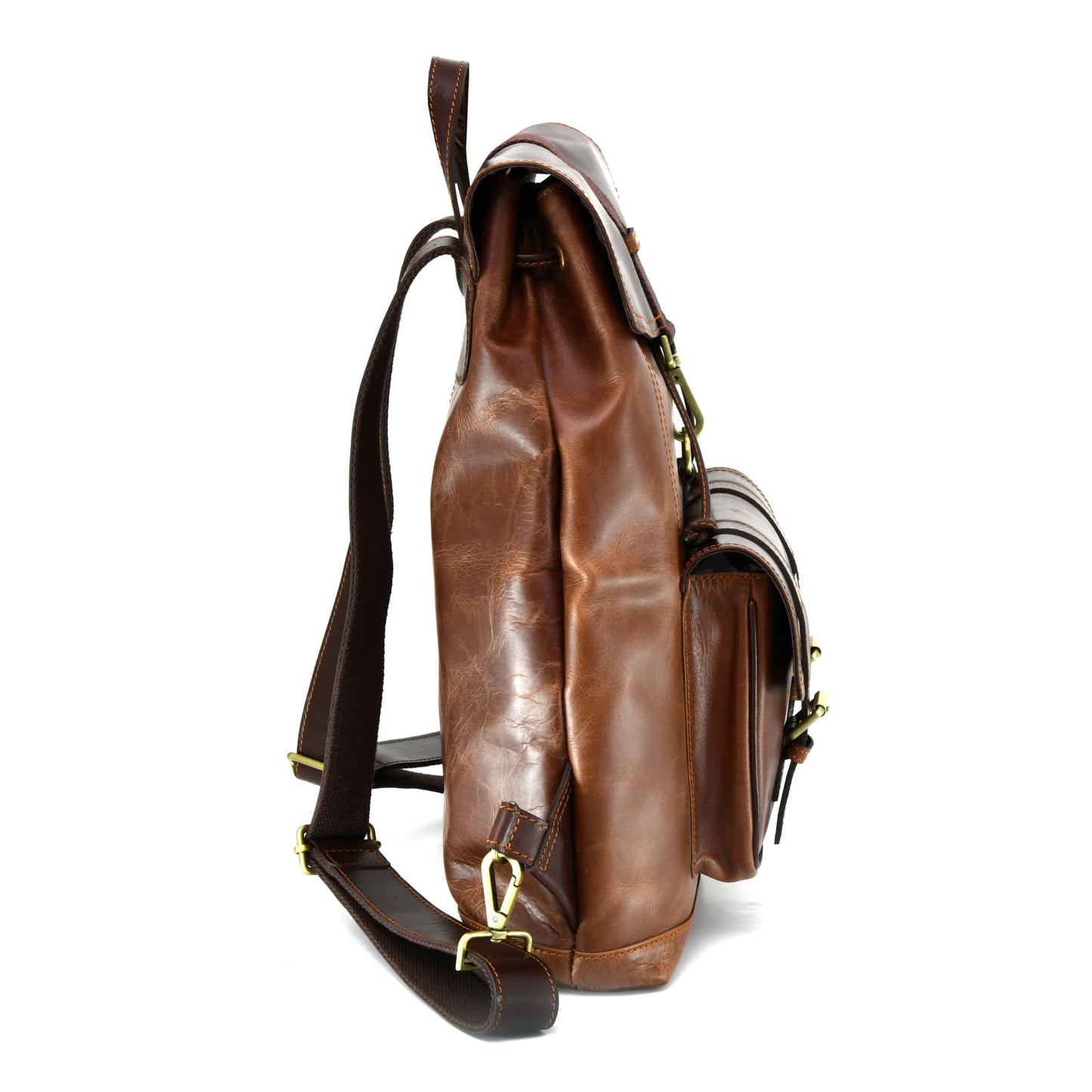 Style n Craft 392152 Tall Backpack in Light & Dark Brown Combination Full Grain Leather - Side view showing the side profile of the main bag and the front pocket in light brown crunch effect & adjustable leather shoulder straps in dark brown