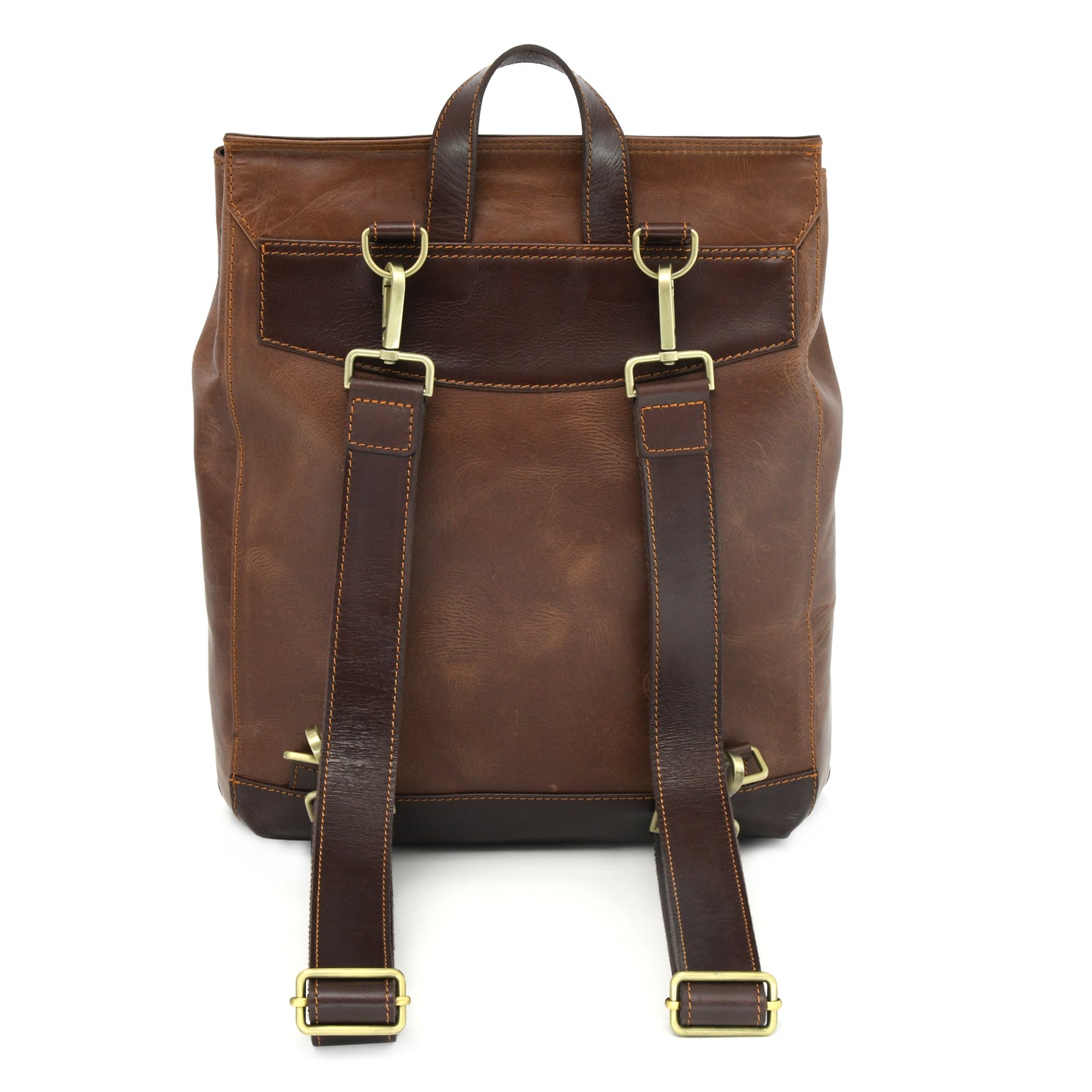 Style n Craft 392153 Backpack in Light & Dark Brown Combination Full Grain Leather - Back view showing the main bag in light brown crunch effect & the top handle, bottom of the bag  & the detachable & adjustable shoulder straps in dark brown