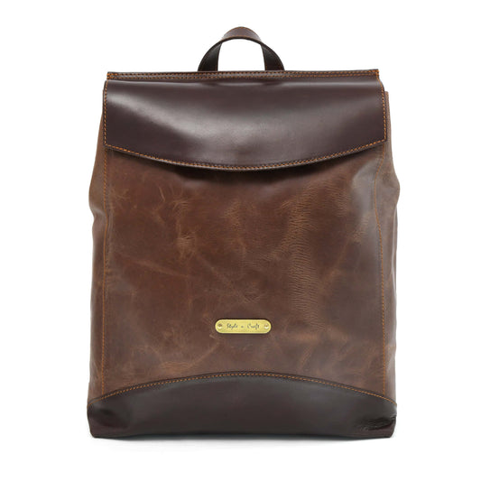 Style n Craft 392153 Backpack in Light & Dark Brown Combination Full Grain Leather - Front view  showing the main bag in light brown crunch effect & the top handle, top flap and bottom of the bag in dark brown