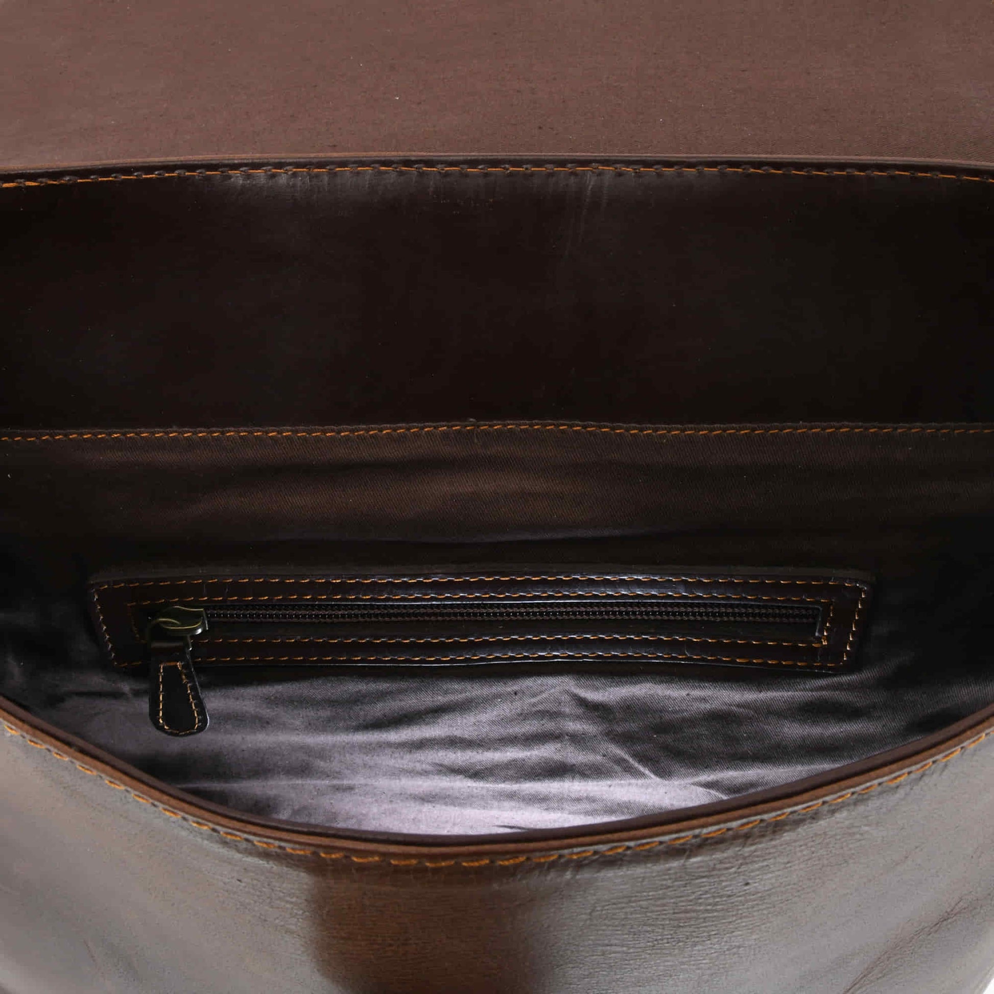 Style n Craft 392153 Backpack in Light & Dark Brown Combination Full Grain Leather - Interior view of the back wall of the bag showing the zipper pocket