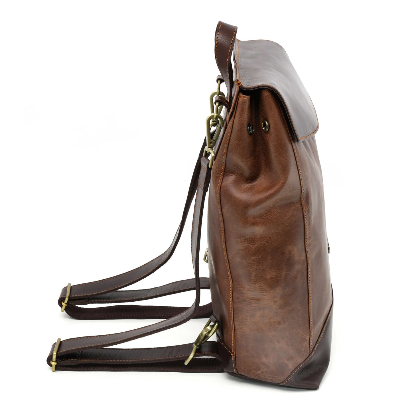 Style n Craft 392153 Backpack in Light & Dark Brown Combination Full Grain Leather - Side view showing the side of the bag in light brown crunch effect, the snap button & the top handle, top flap and bottom of the bag in dark brown and the detachable & adjustable shoulder straps in dark brown