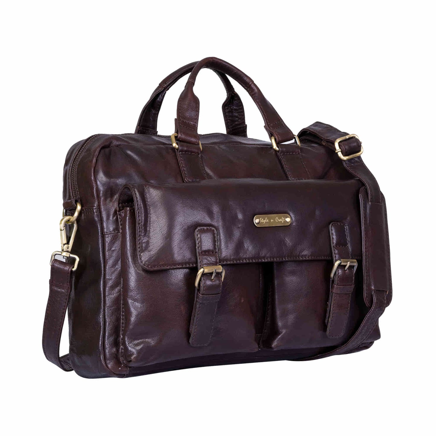 Style n Craft 392500 Cross Body Messenger Bag in Full Grain Dark Brown Vintage Leather - Front left side angled view showing the top leather strap handles, the 2 front pockets with the flap and the detachable & adjustable leather shoulder strap