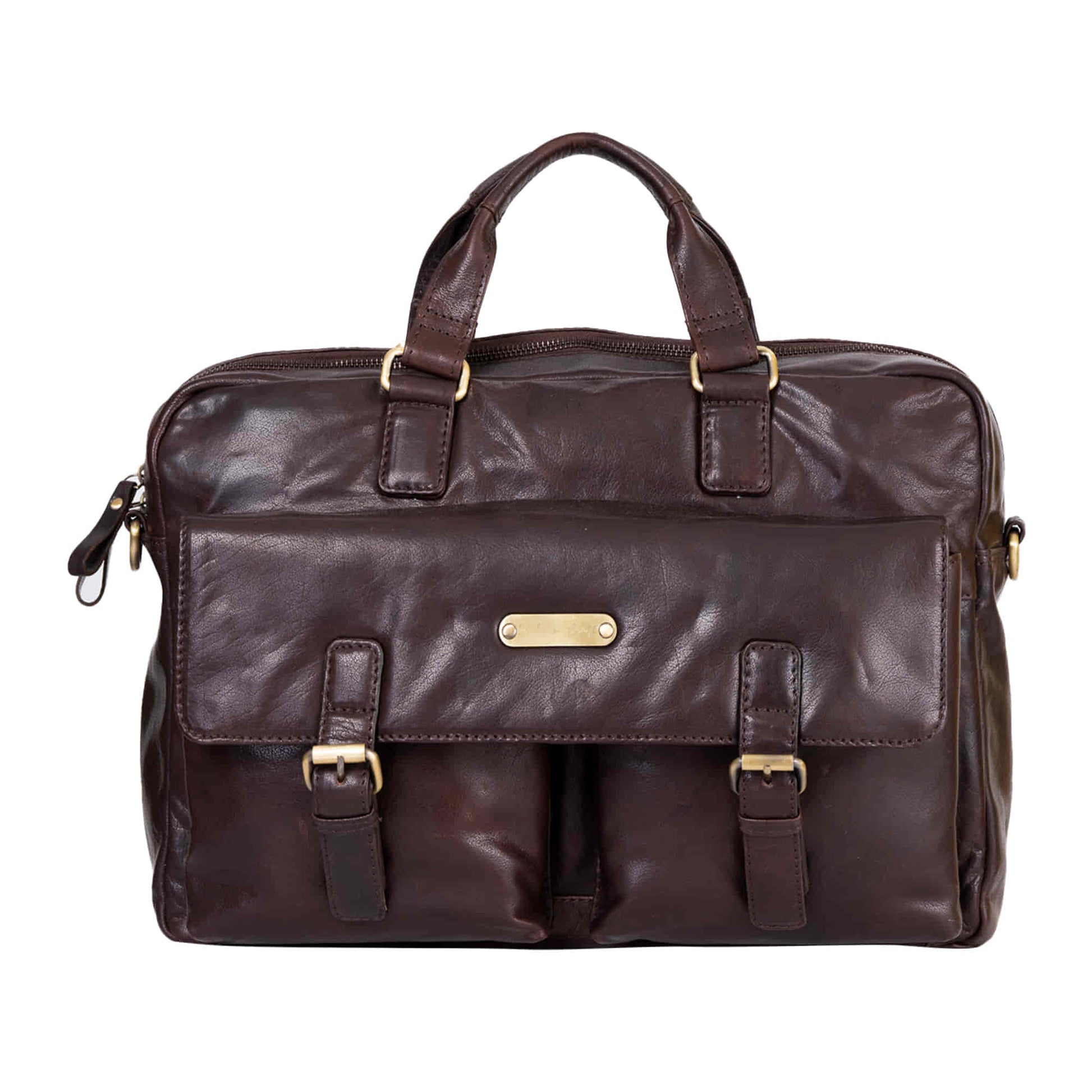 Style n Craft 392500 Cross Body Messenger Bag in Full Grain Dark Brown Vintage Leather - Front View showing the top leather handles, the 2 front  pockets with the leather flap
