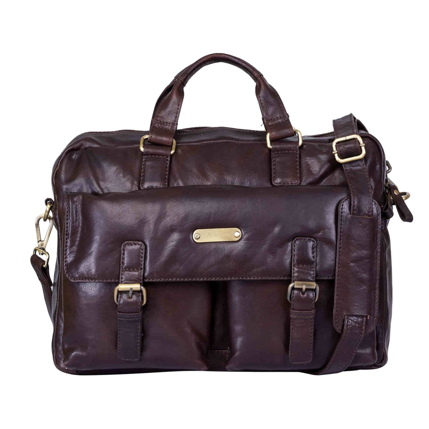 Style n Craft 392500 Cross Body Messenger Bag in Full Grain Dark Brown Vintage Leather - Front View showing the top leather handles, the front single leather flap for the 2 smaller front pockets & the leather shoulder strap with a sliding leather shoulder pad