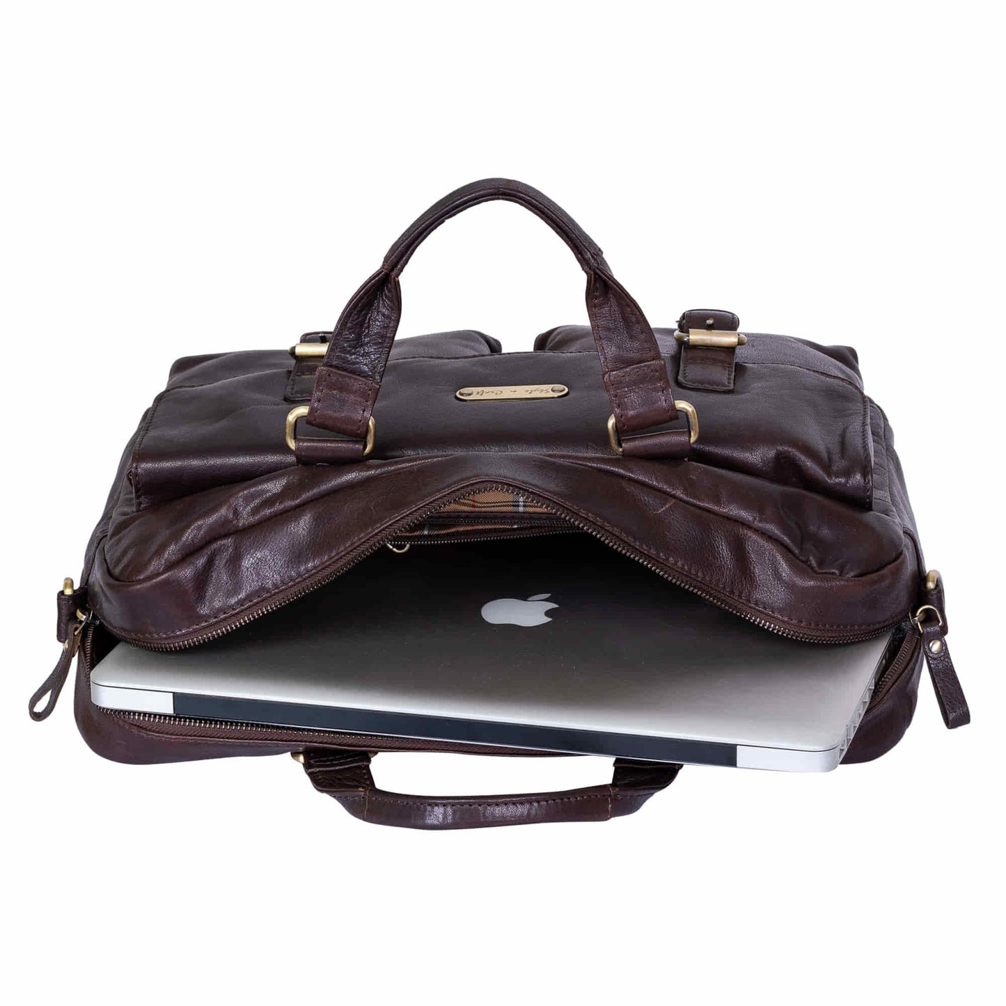 Style n Craft 392500 Cross Body Messenger Bag in Full Grain Dark Brown Vintage Leather - Top opening of the bag showing the use of the bag by putting in a 15 inch laptop showing