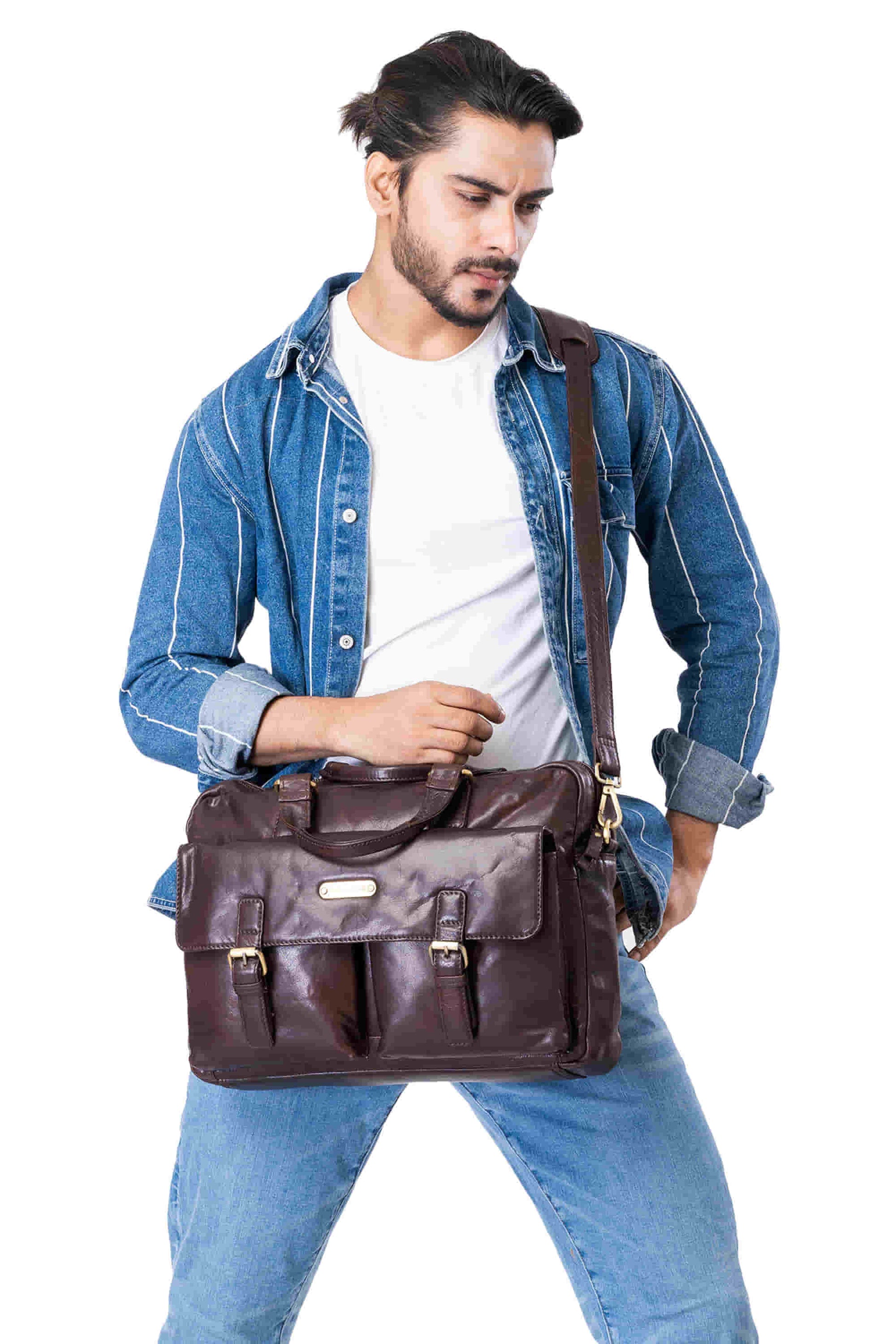Style n Craft 392500 Cross Body Messenger Bag in Full Grain Dark Brown Vintage Leather - in use as a cross body shoulder bag in the front