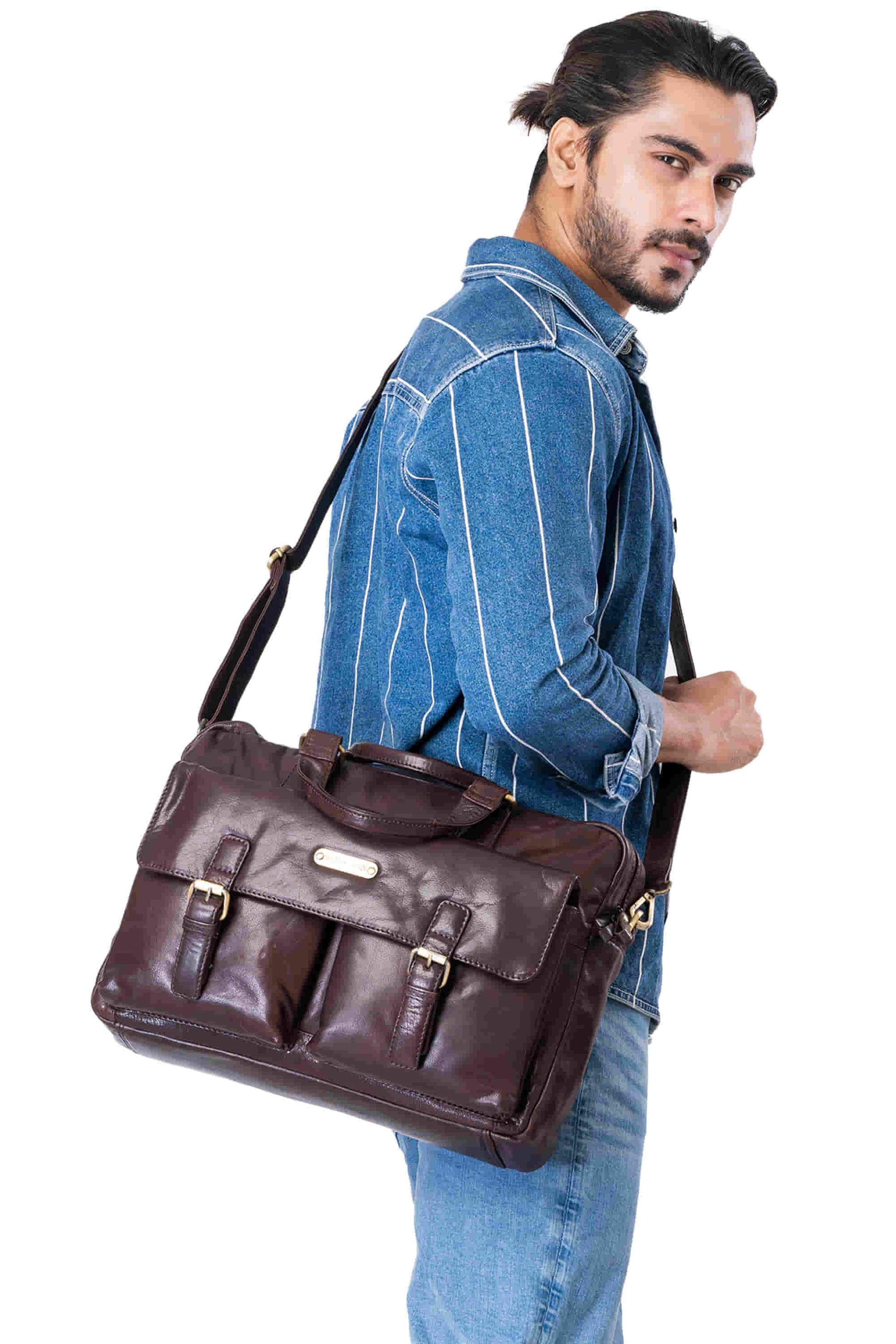 Style n Craft 392500 Cross Body Messenger Bag in Full Grain Dark Brown Vintage Leather - in use as a cross body shoulder bag on the side