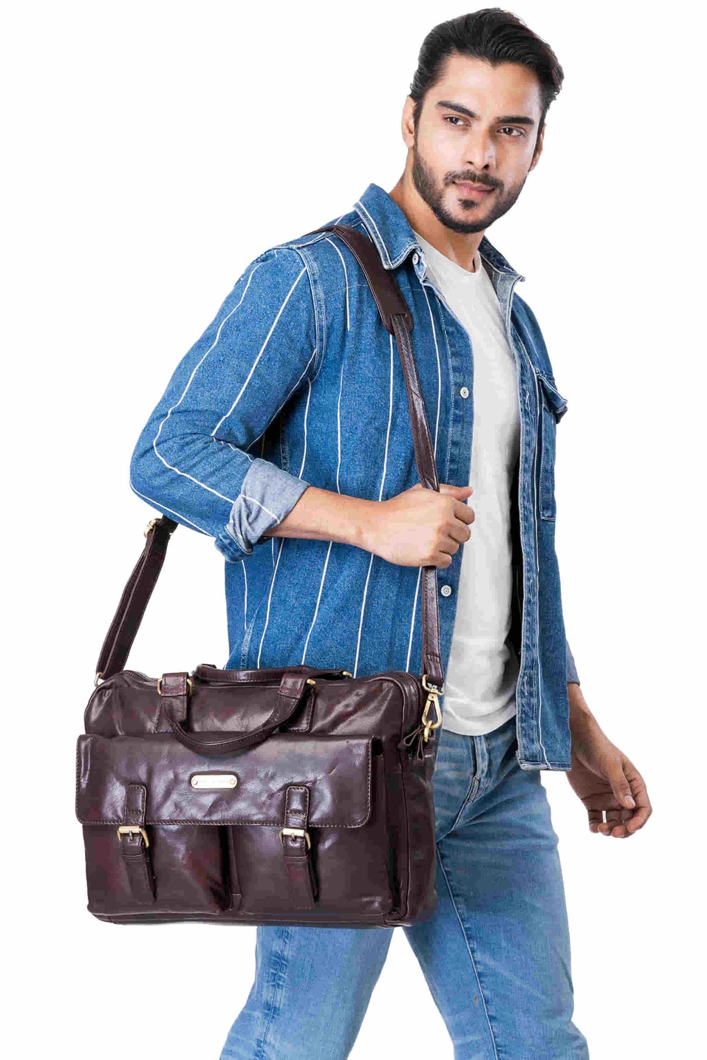 Style n Craft 392500 Cross Body Messenger Bag in Full Grain Dark Brown Vintage Leather - in use as a shoulder bag