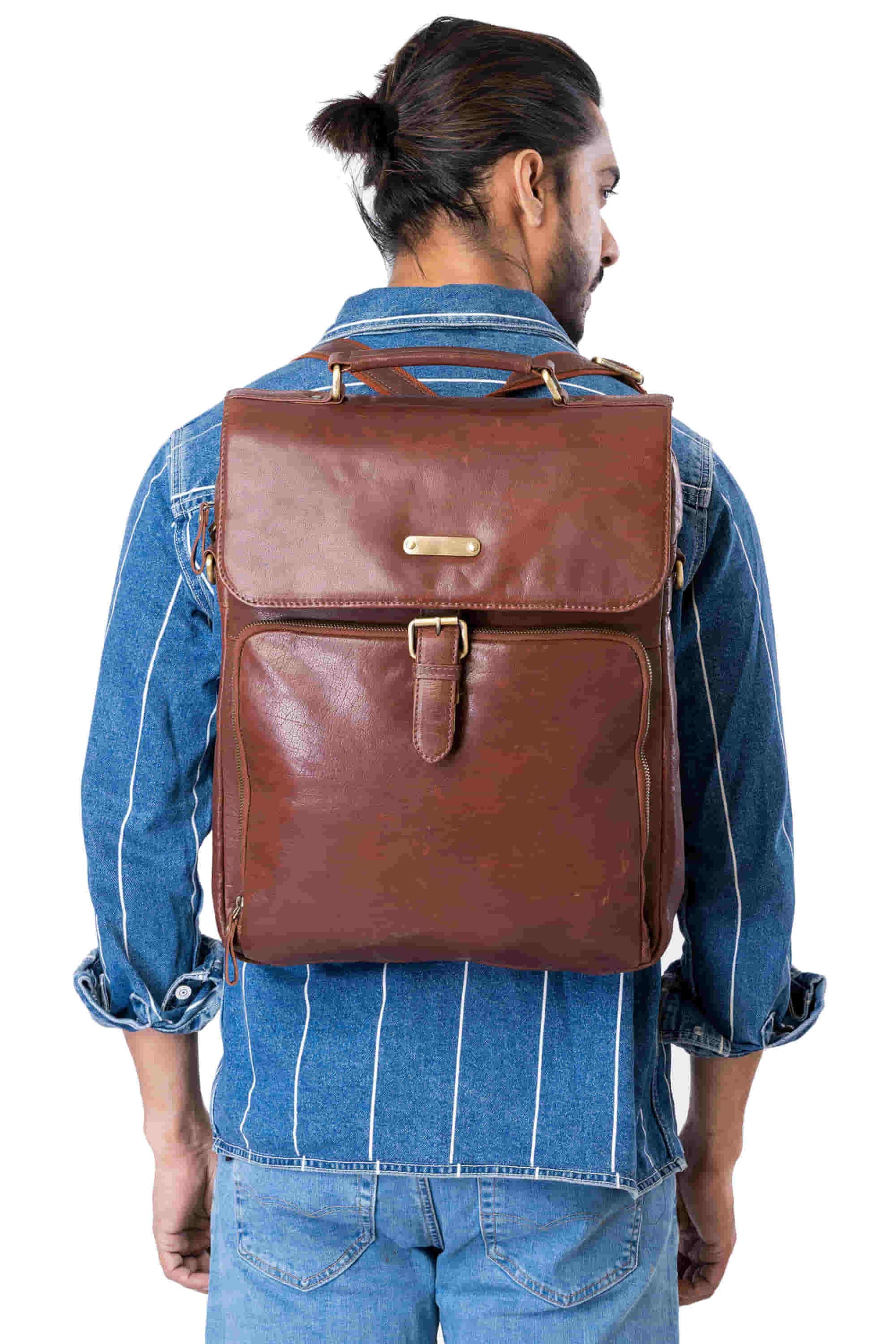 Style n Craft 392600 Cross Body Messenger Bag & Backpack in Full Grain Dark Brown Vintage Leather - in use as a backpack