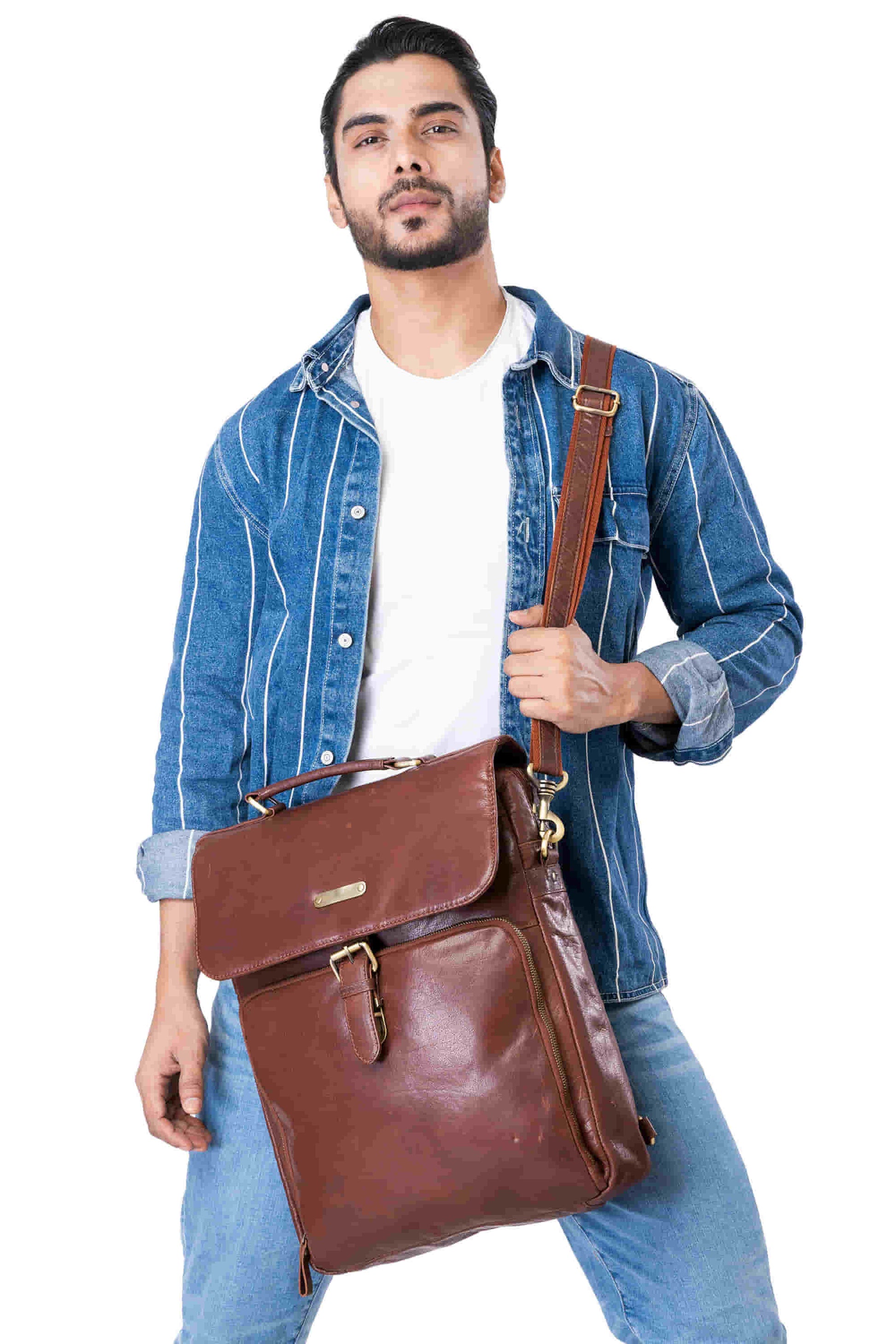 Style n Craft 392600 Cross Body Messenger Bag & Backpack in Full Grain Dark Brown Vintage Leather - in use as a cross body bag