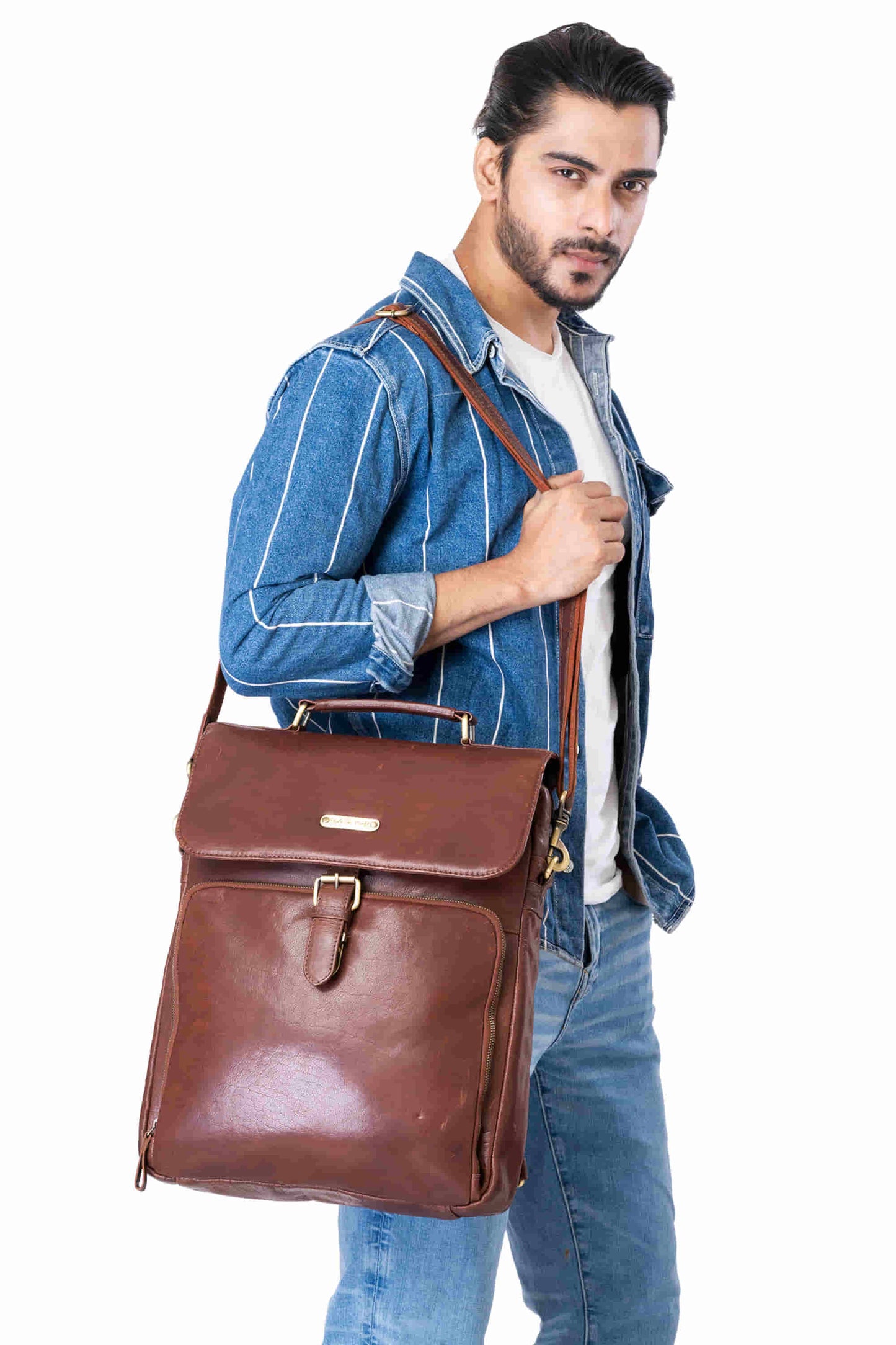 Style n Craft 392600 Cross Body Messenger Bag & Backpack in Full Grain Dark Brown Vintage Leather - in use as a shoulder messenger bag