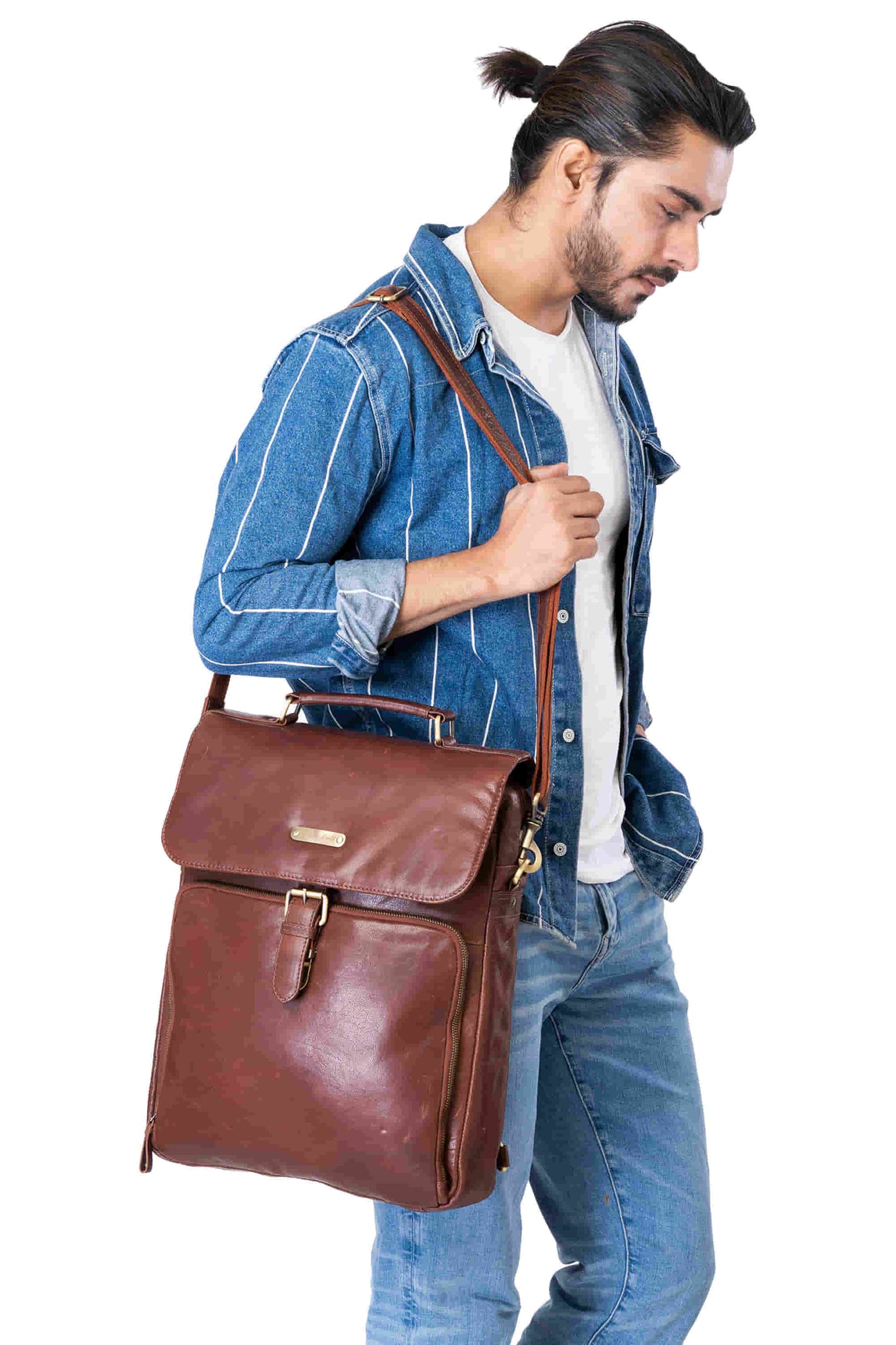 Style n Craft 392600 Cross Body Messenger Bag & Backpack in Full Grain Dark Brown Vintage Leather - in use as a shoulder messenger bag - another view