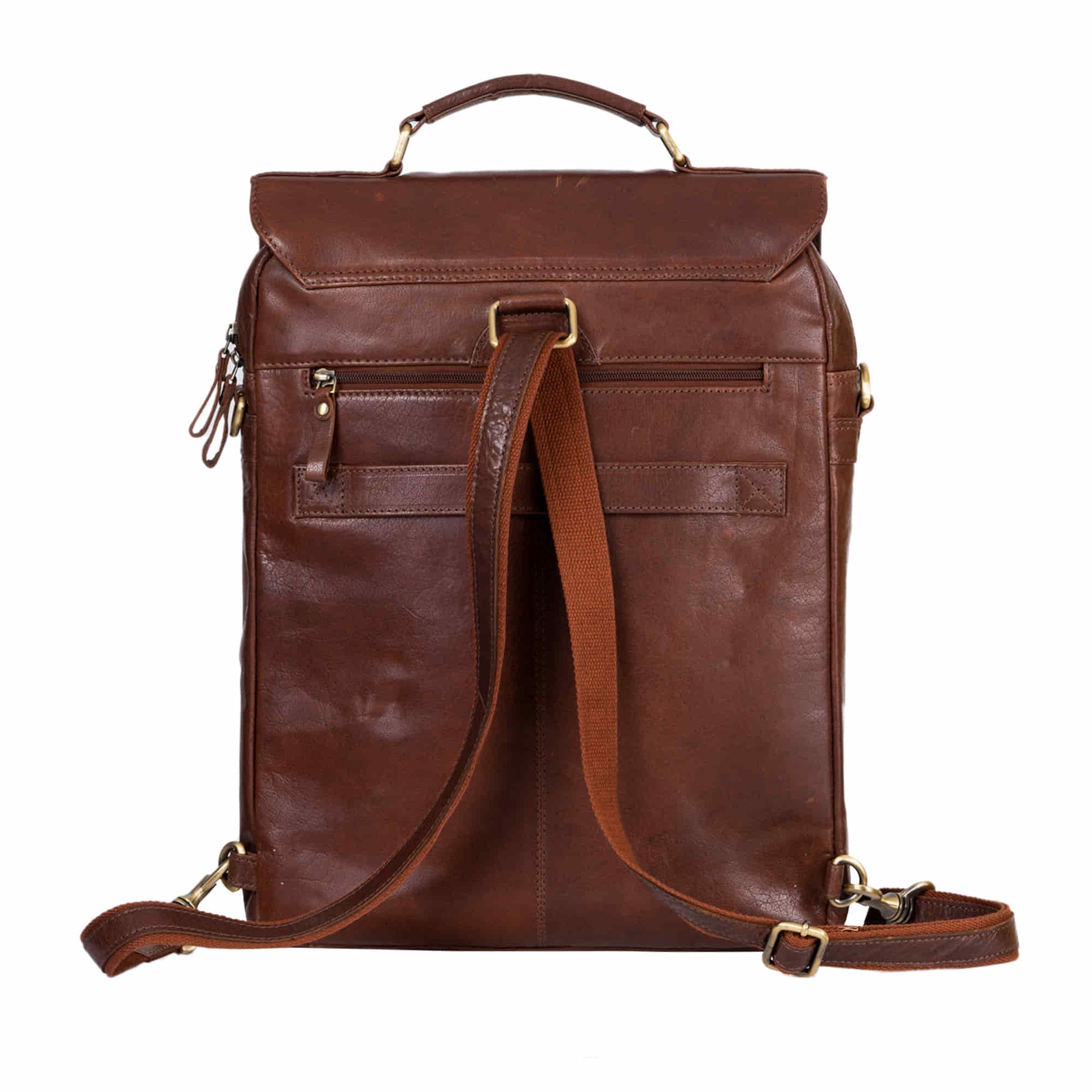 Style n Craft 392600 Cross Body Messenger Bag & Backpack in Full Grain Dark Brown Vintage Leather - Back View showing the looping of the detachable & adjustable leather strap to use the bag as a backpack