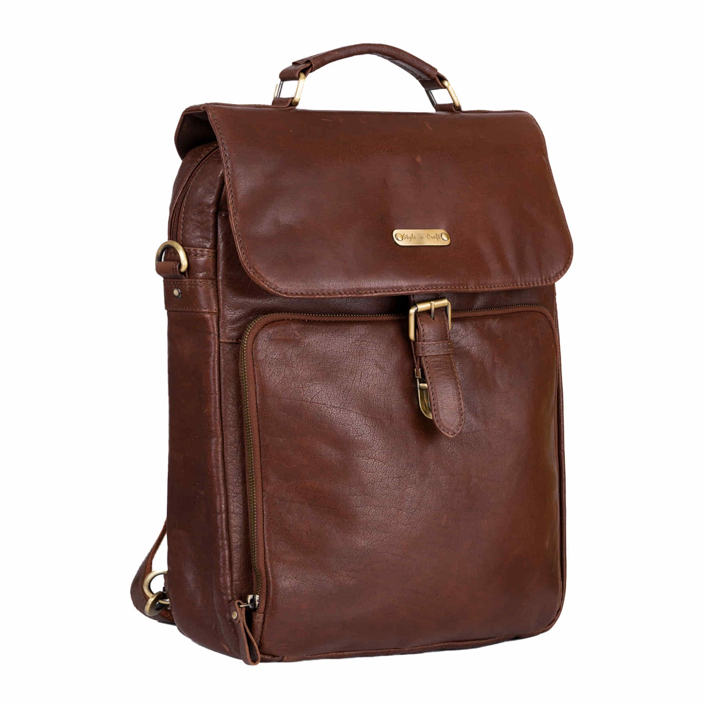 Style n Craft 392600 Cross Body Messenger Bag & Backpack in Full Grain Dark Brown Vintage Leather - Front Angled View of the left side