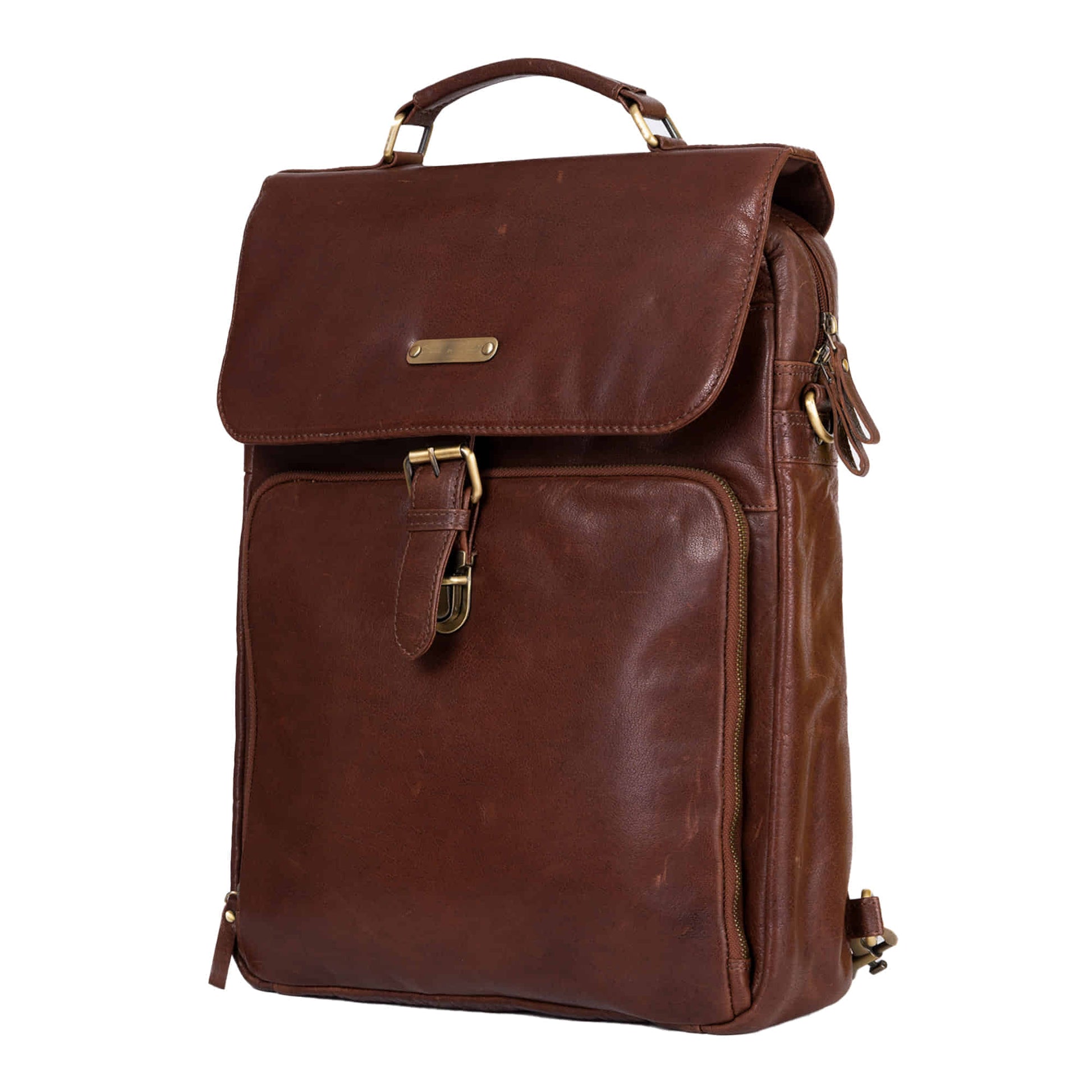 Style n Craft 392600 Cross Body Messenger Bag & Backpack in Full Grain Dark Brown Vintage Leather - Front Angled View of the right side