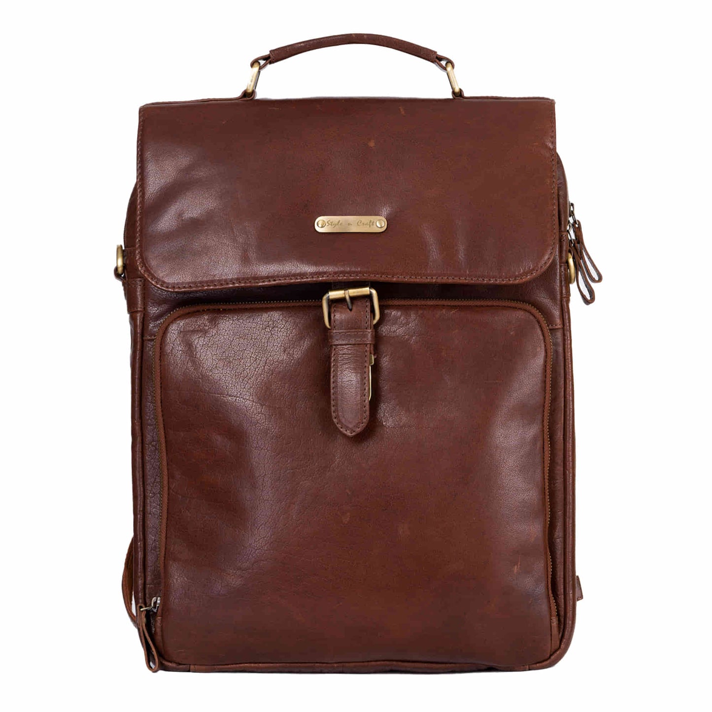 Style n Craft 392600 Cross Body Messenger Bag & Backpack in Full Grain Dark Brown Vintage Leather - Front View showing the front flap with the fixed leather handle on top