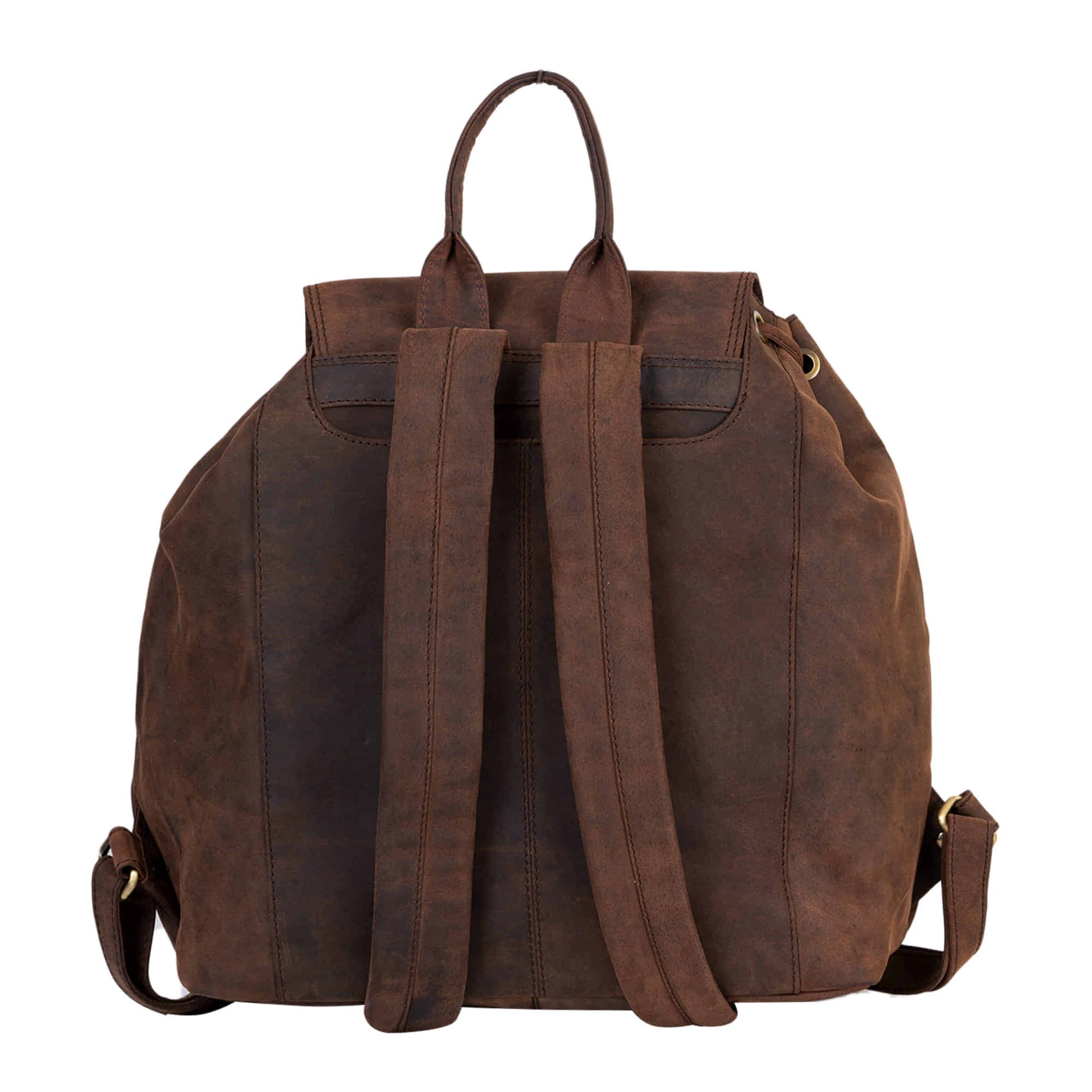 Style n Craft 392650 Backpack in Full Grain Dark Brown Hunter Leather - Back View Showing the Top Leather Handle Strap and the Padded Leather Shoulder Straps
