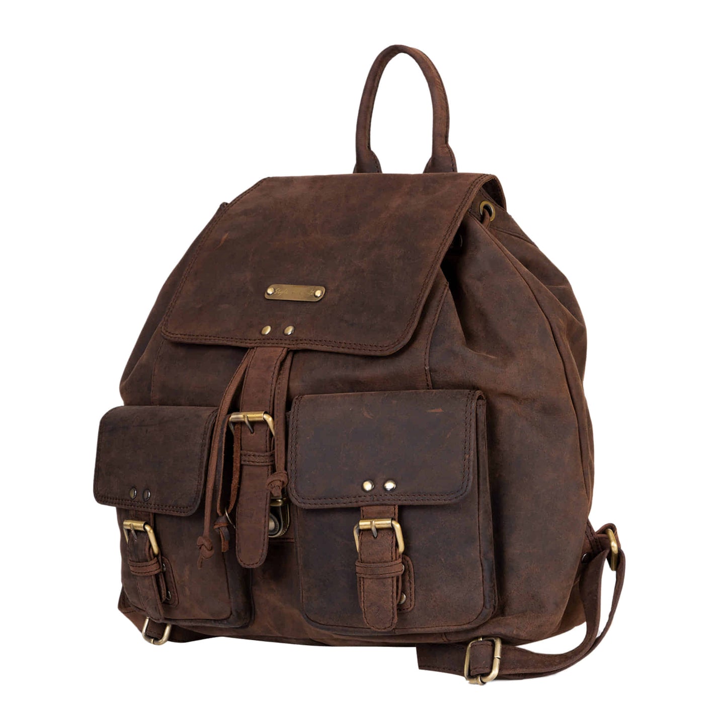 Style n Craft 392650 Backpack in Full Grain Dark Brown Hunter Leather - Front Angled View Showing the Top Bag Holding Leather Strap, the Top Closing Flap with Buckle, and 2 Exterior Front Pockets