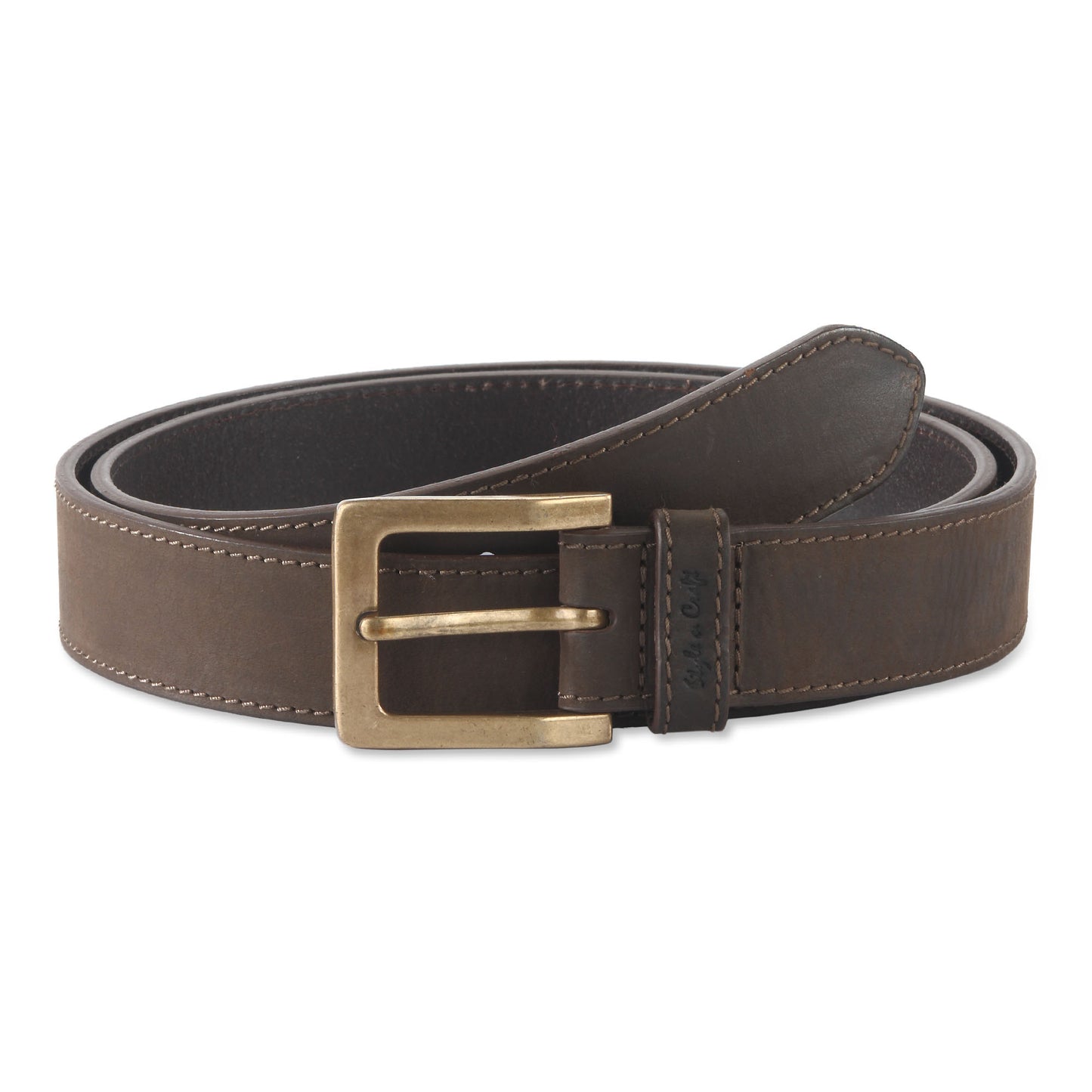 392702 - one and a half inch wide leather belt in dark chocolate brown color top grain hunter leather - front view