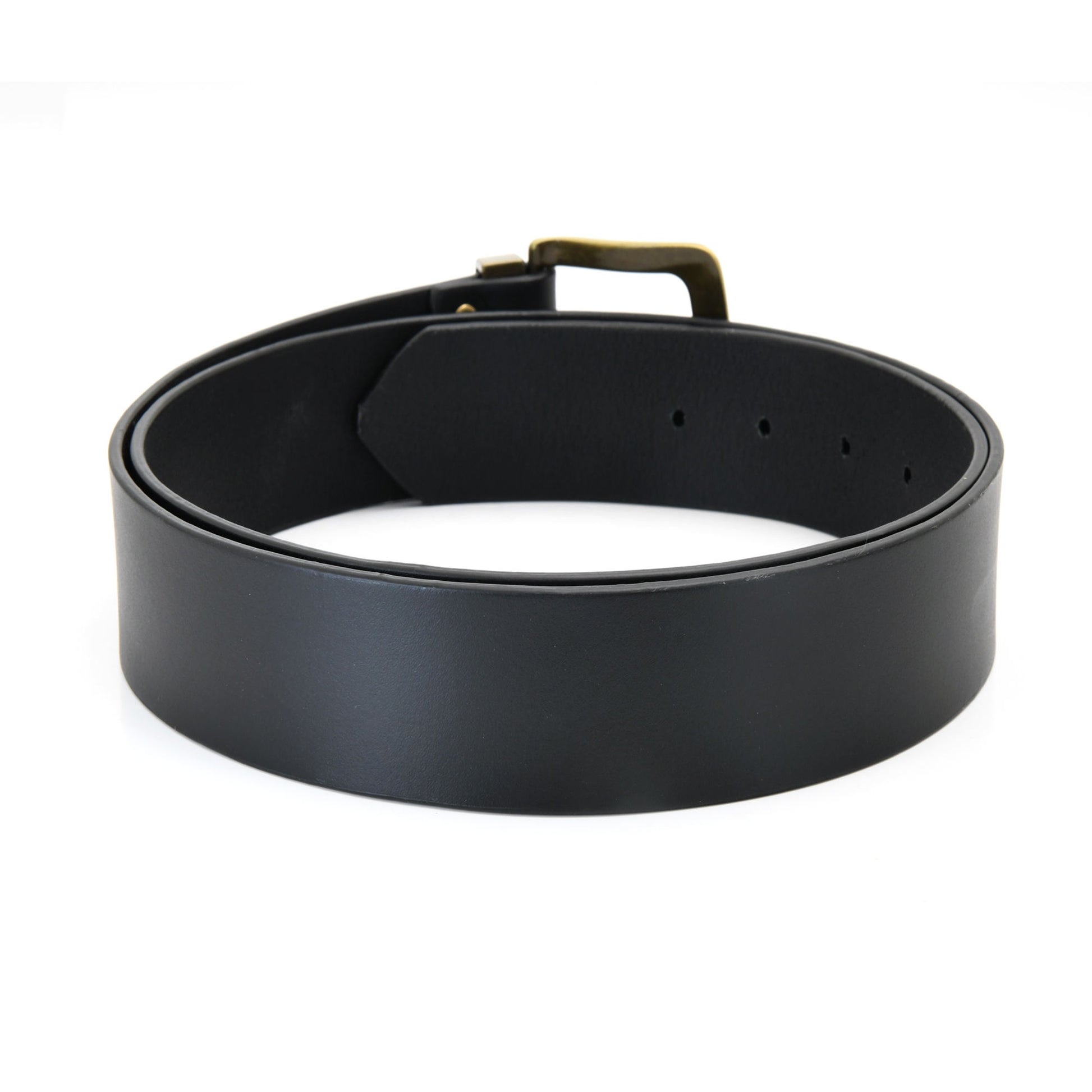 392711 - one and a half inch wide leather belt in black color full grain leather with matte gold finish metal buckle & loop - back view