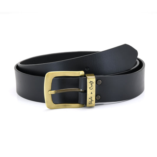 392711 - one and a half inch wide leather belt in black color full grain leather with matte gold finish metal buckle & loop - front view 1