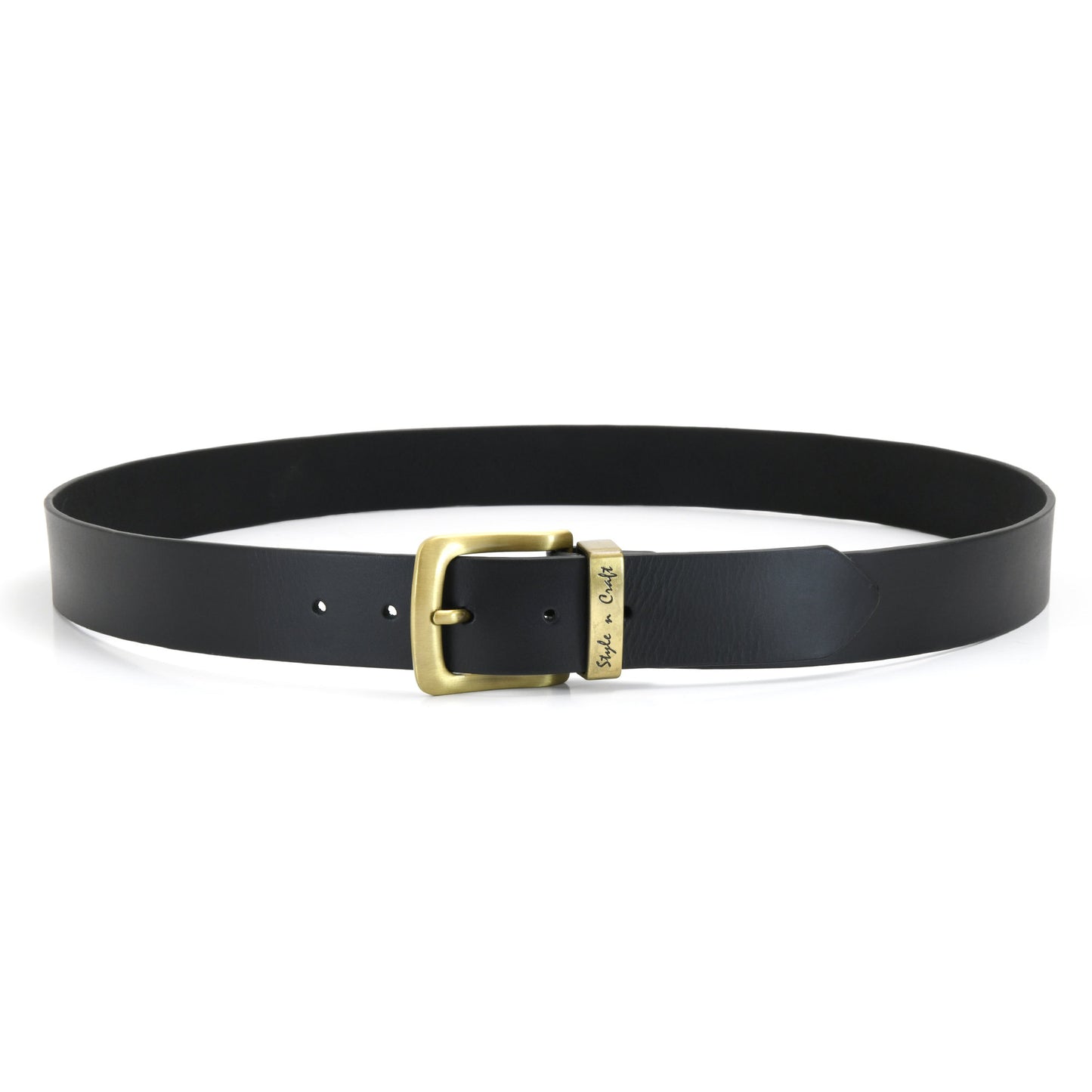 392711 - one and a half inch wide leather belt in black color full grain leather with matte gold finish metal buckle & loop - front view 2