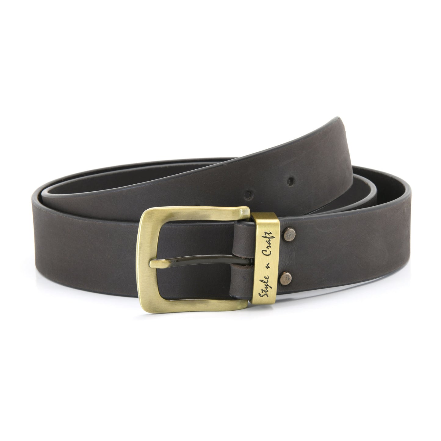 392712 - one and a half inch wide leather belt in dark brown color full grain leather with matte gold finish metal buckle & loop - front view 1