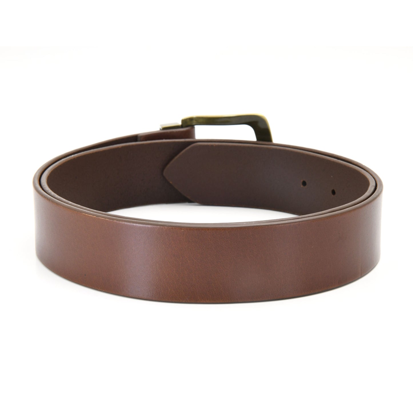 392713 - one and a half inch wide leather belt in dark tan color full grain leather with matte gold finish metal buckle & loop - back view