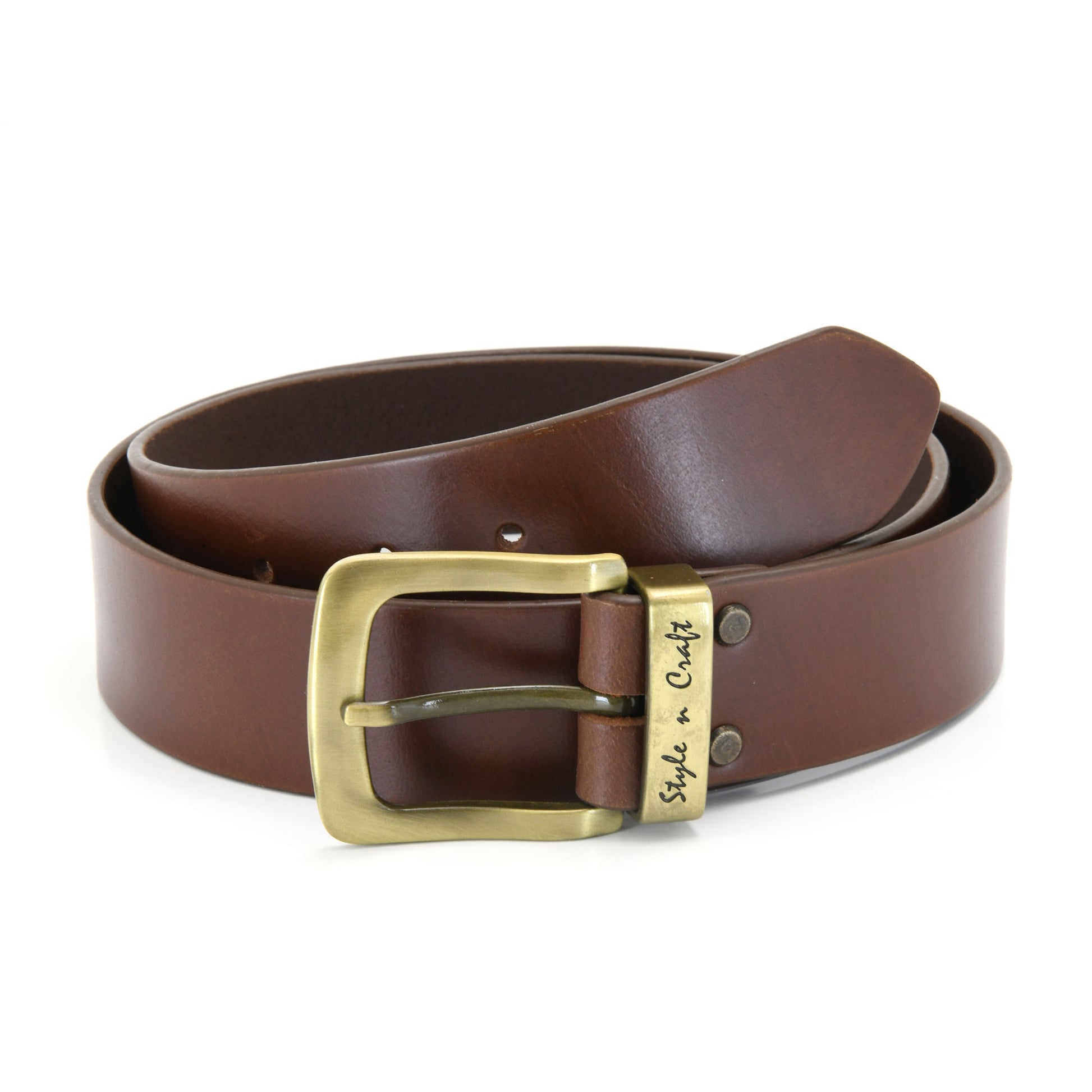 392713 - one and a half inch wide leather belt in dark tan color full grain leather with matte gold finish metal buckle & loop - front view 1