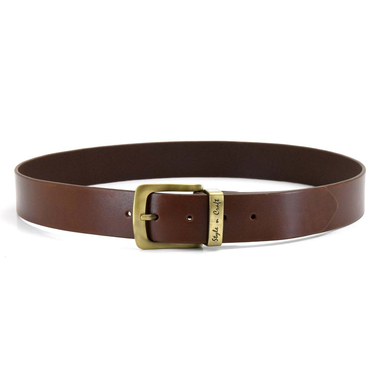 392713 - one and a half inch wide leather belt in dark tan color full grain leather with matte gold finish metal buckle & loop - front view 2