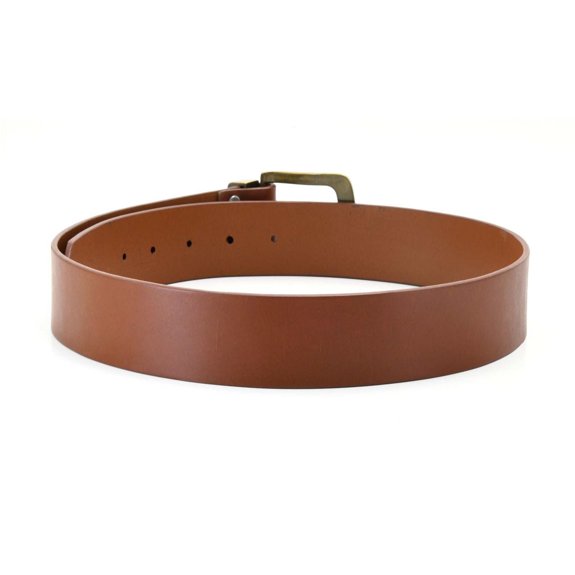 392714 - one and a half inch wide leather belt in tan color full grain leather with matte gold finish metal buckle & loop - back view