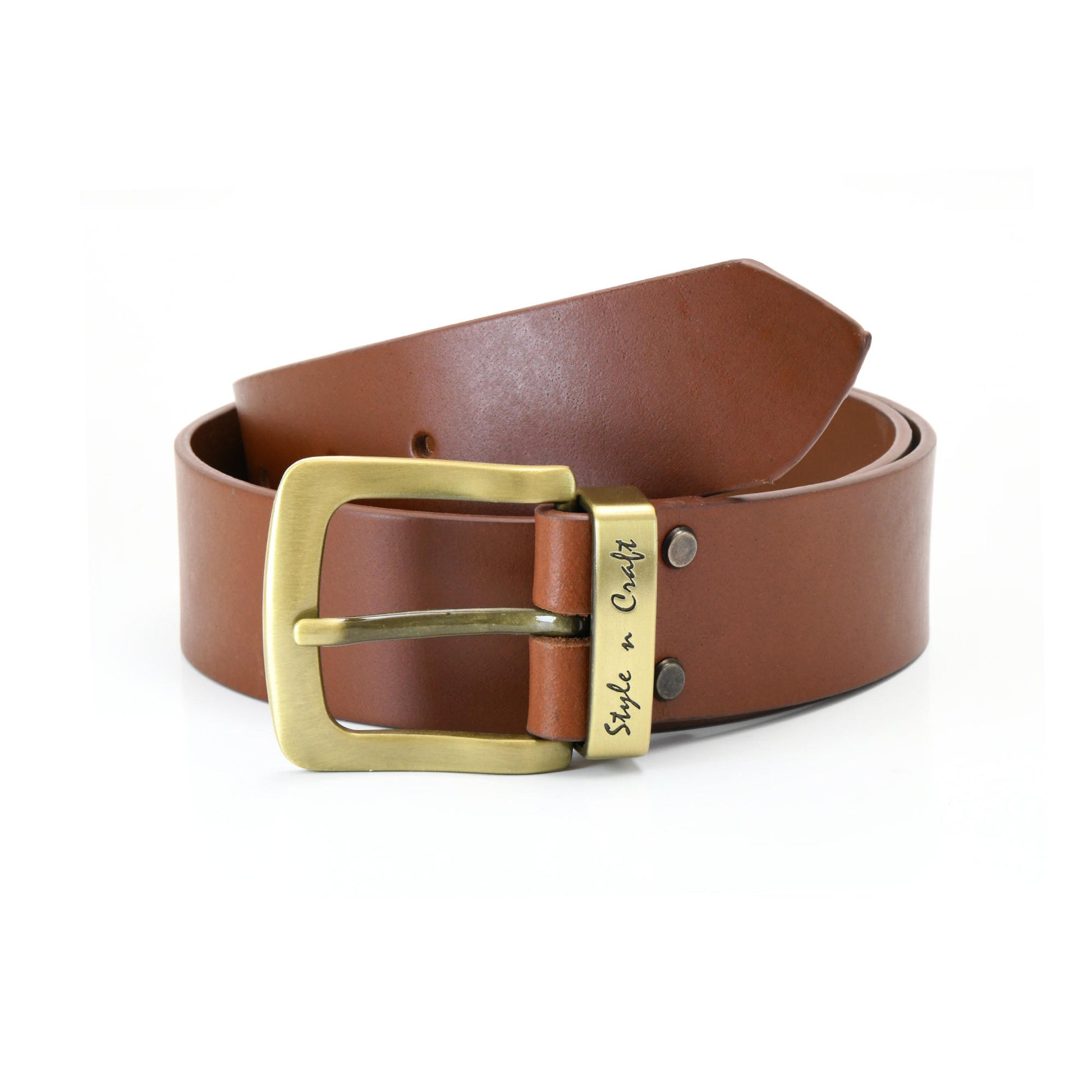 392714 - one and a half inch wide leather belt in tan color full grain leather with matte gold finish metal buckle & loop - front view 1