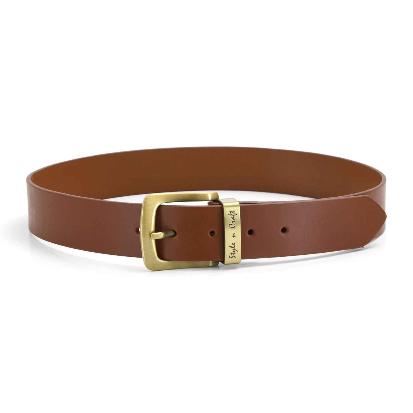 392714 - one and a half inch wide leather belt in tan color full grain leather with matte gold finish metal buckle & loop - front view 2
