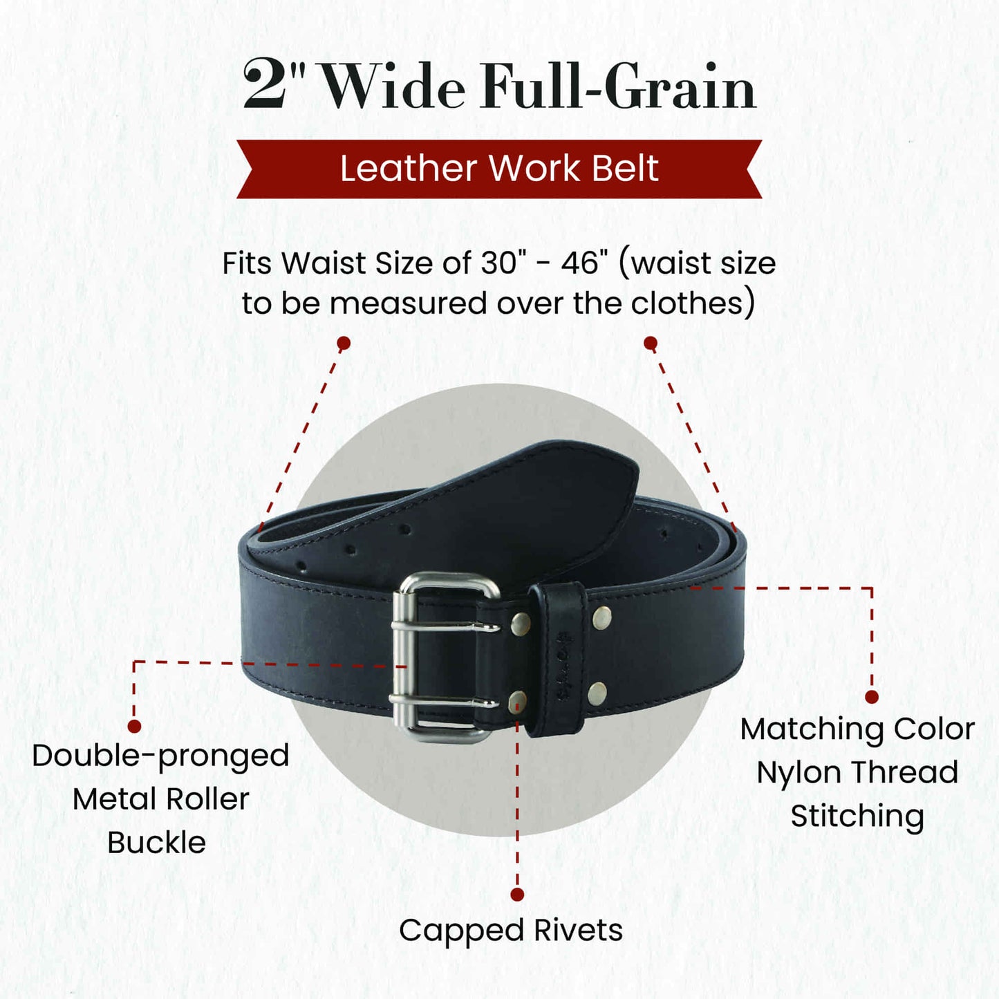 Style n Craft 392752 - 2" Wide Leather Work Belt in Black Color Heavy Top Grain Leather with Double Prong Metal Roller Buckle - Front View Showing the Details