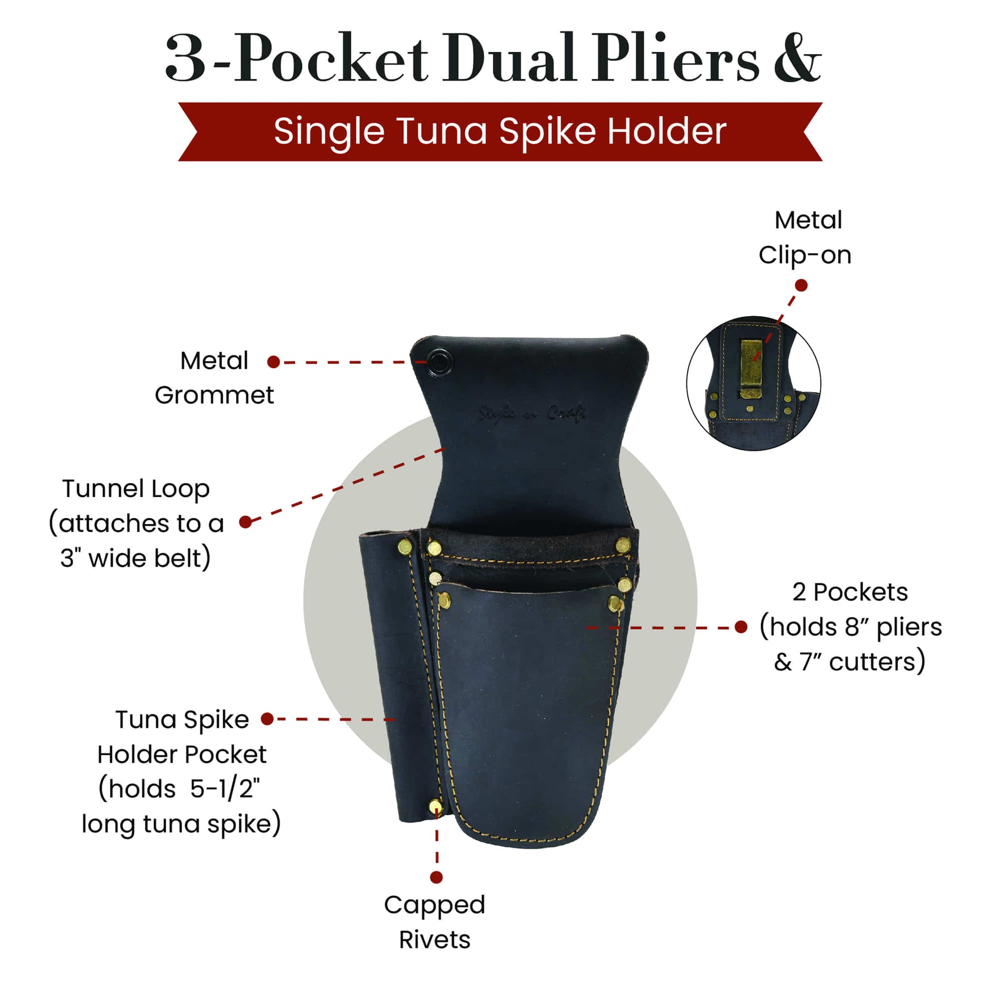 Style N Craft 98016 - 5 Pocket Pliers & Hammer Holder in Dark Tan Top Grain Leather