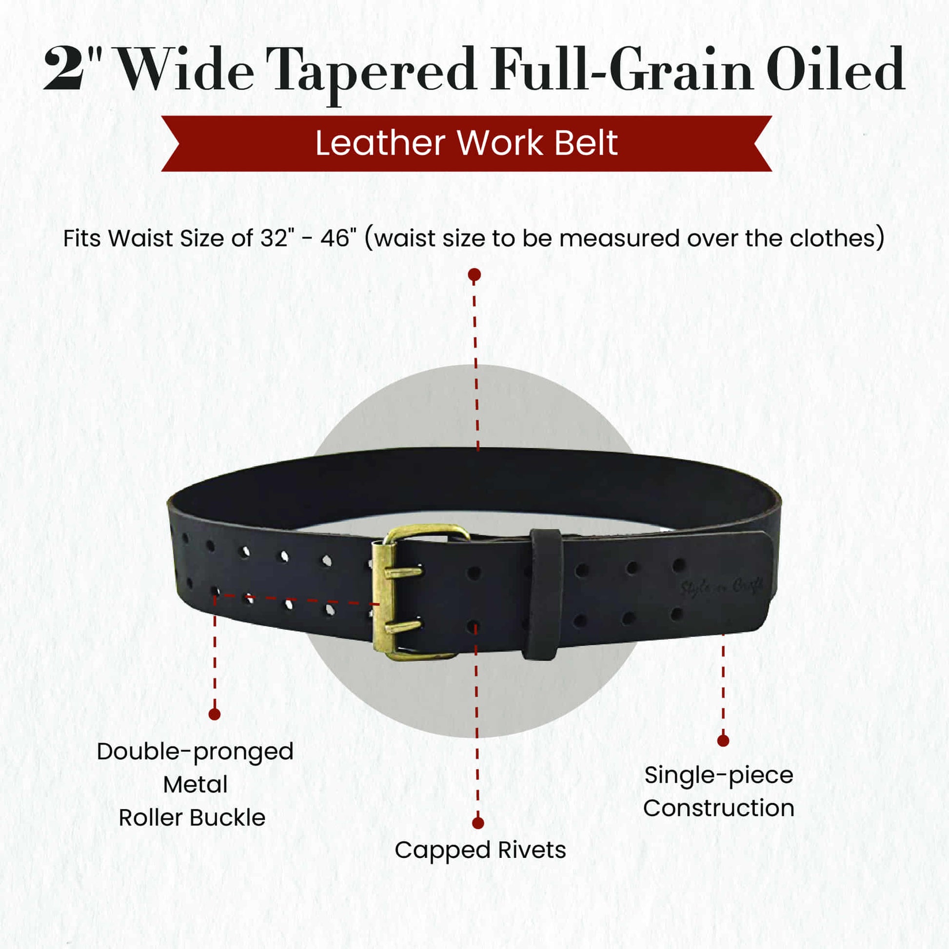 Style n Craft's 74052 - 2 Inch Wide Work Belt in Heavy Top Grain Oiled Leather in Dark Brown Color with Double Prong Metal Roller Buckle - Front View Showing Details