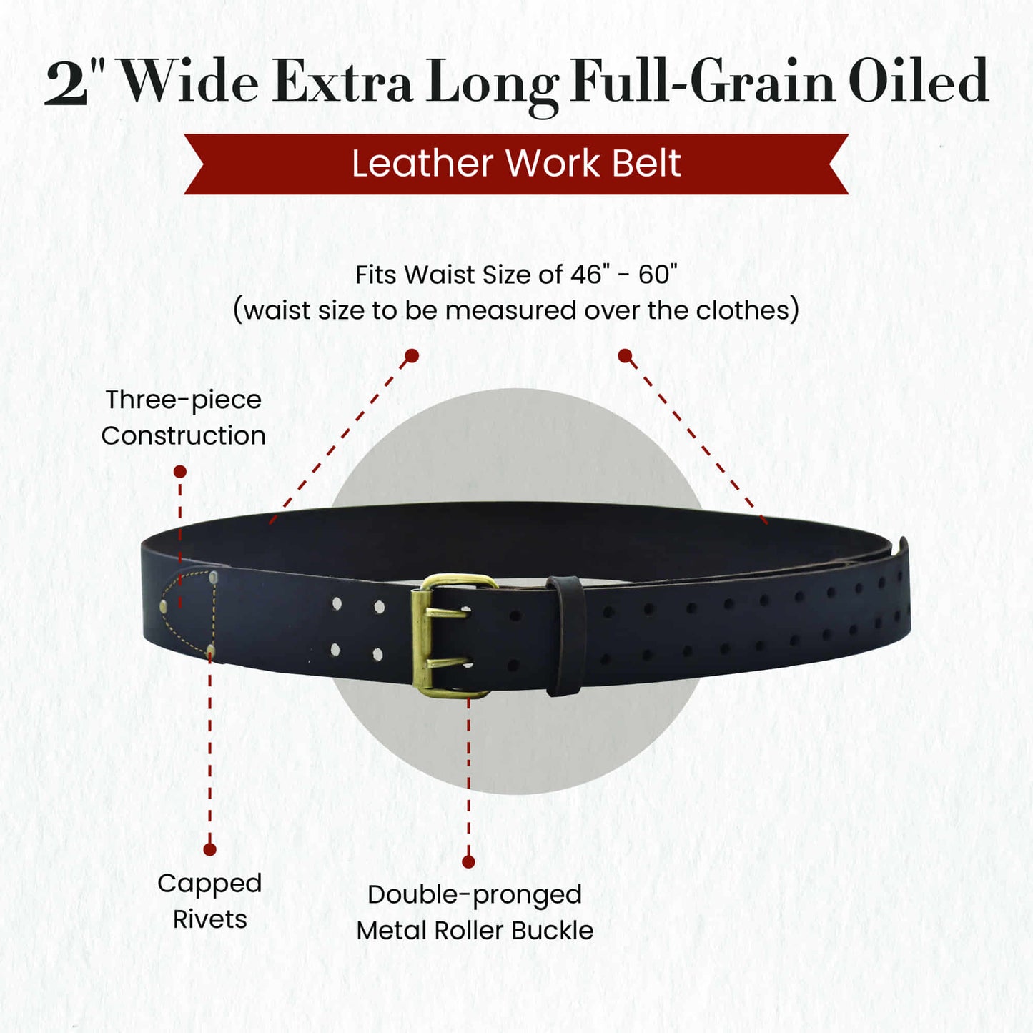 Style n Craft 74053 - 2 Inch Wide Work Belt - Extra Long for waist size 46"- 60" - in Heavy Top Grain Oiled Leather with Double Prong Metal Roller Buckle - Front View Showing Details