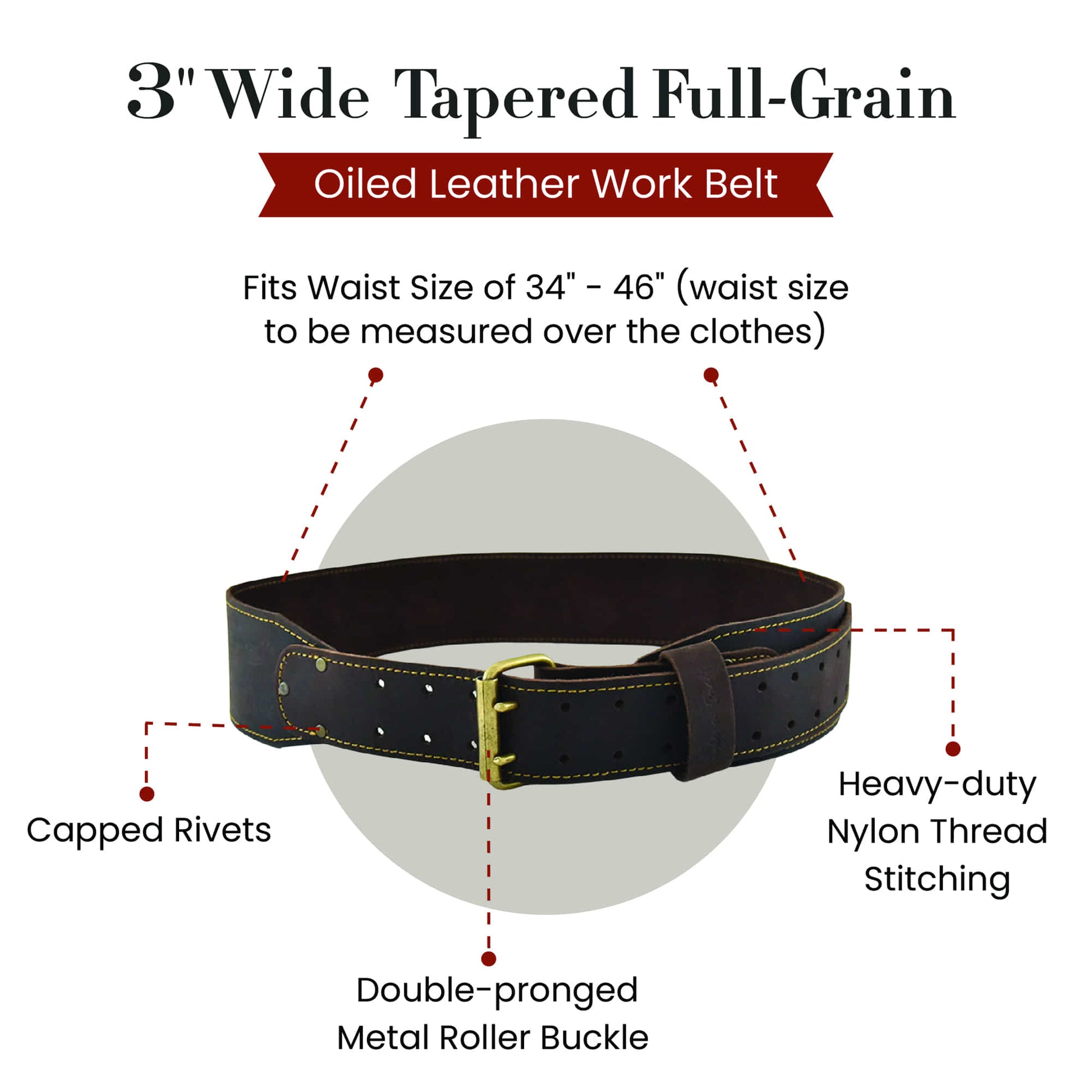 Style n Craft 74054 -3 Inch Wide Tapered Work Belt in Oiled Full Grain Leather in Dark Brown Color - Front View Showing the Details