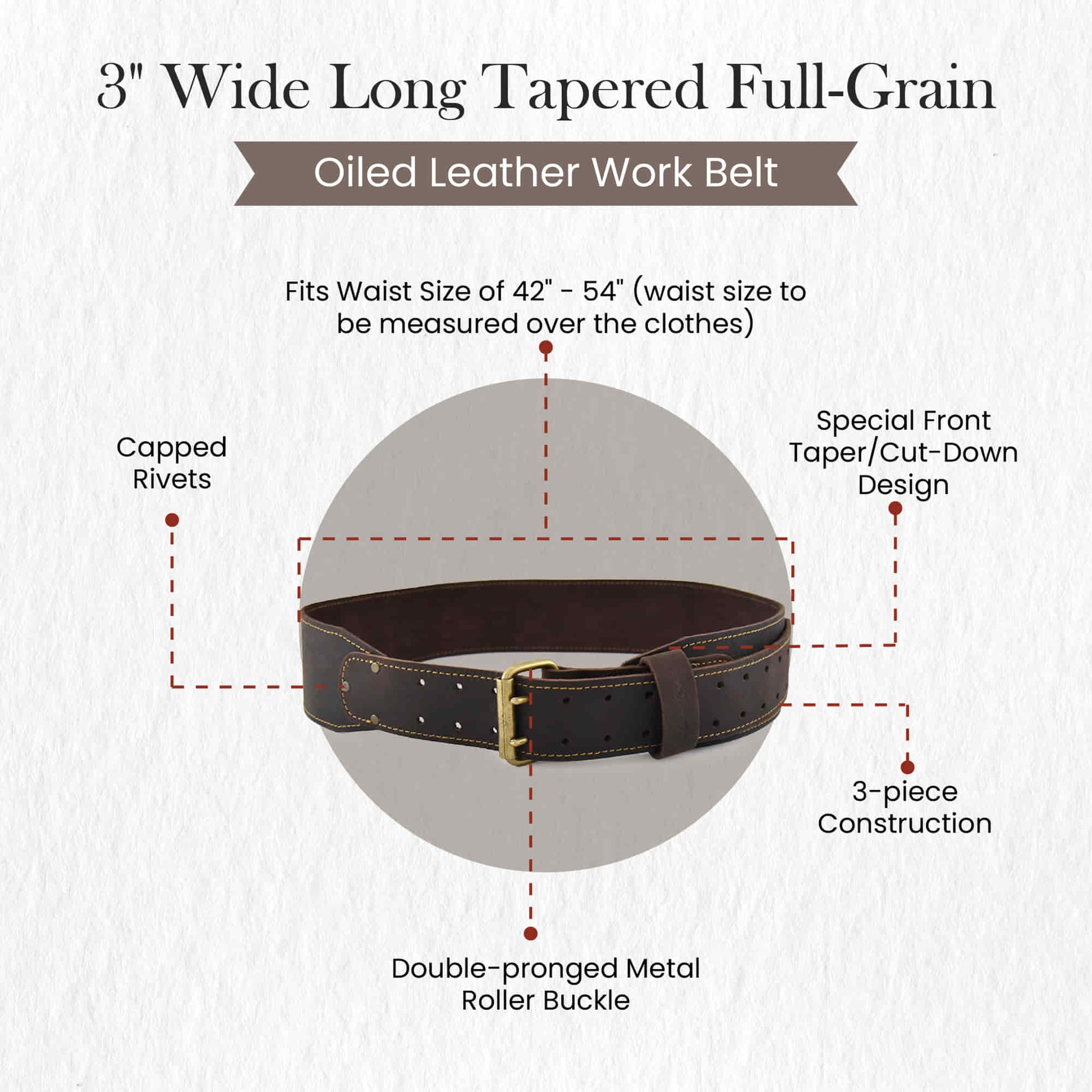 74055 -3 Inch Wide Long Tapered Leather Work Belt in Oiled Leather in Dark Brown Color - Front View Showing Details