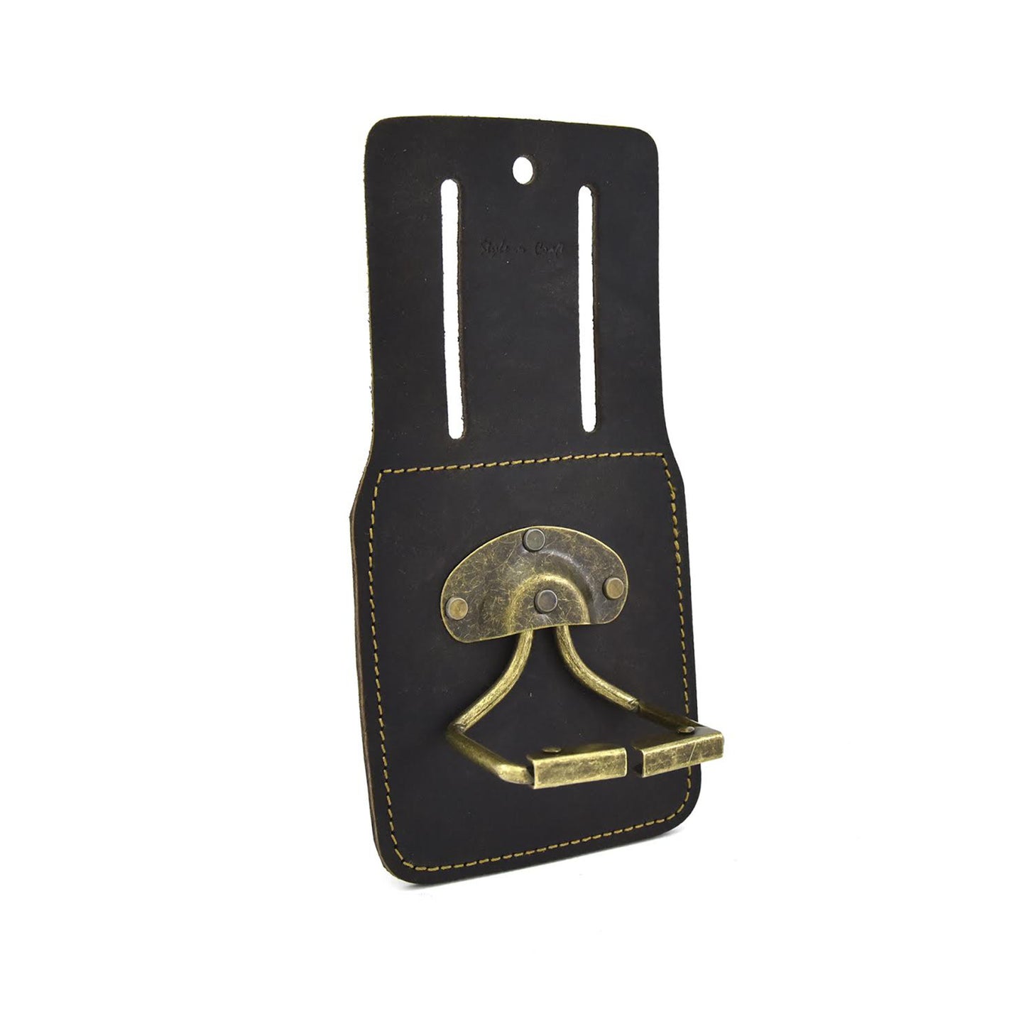 74440 - Spring Loaded Swivel Hammer Holder in Dark Brown Heavy Full Grain Oiled Leather - front angled view