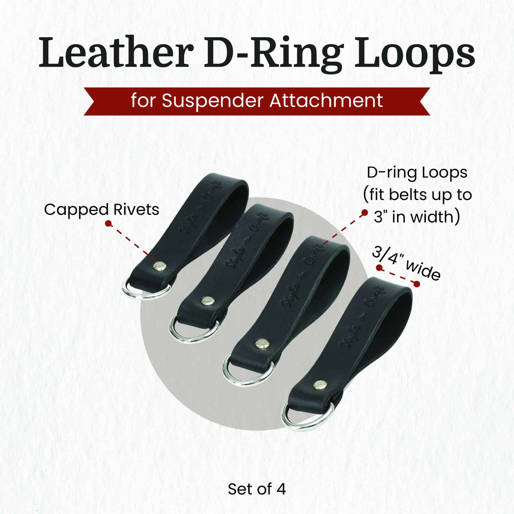 Style n Craft 75202 - Leather D-Ring Loop Set (4 Pcs) for Suspender Attachment in Black Color - Front Angled View. Each Set Contains 4 Leather Loops - Showing the Details
