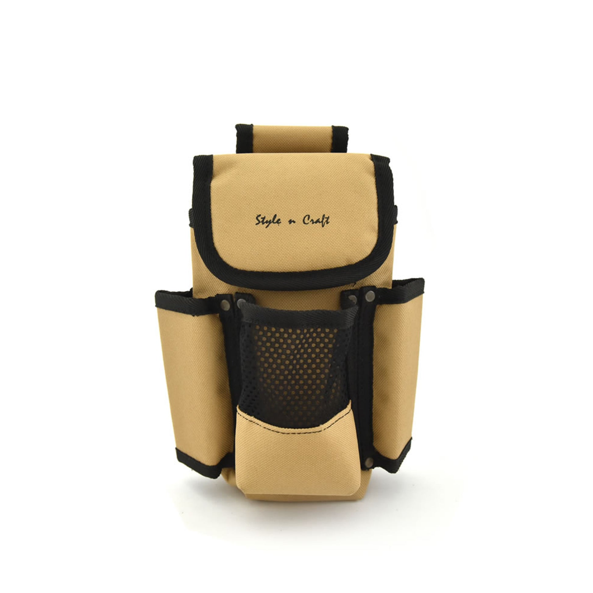 Style n Craft 76023 - 4 Pocket Tool Pouch in Heavy Duty 600D Polyester in Khaki & Black Color Combination - Front View