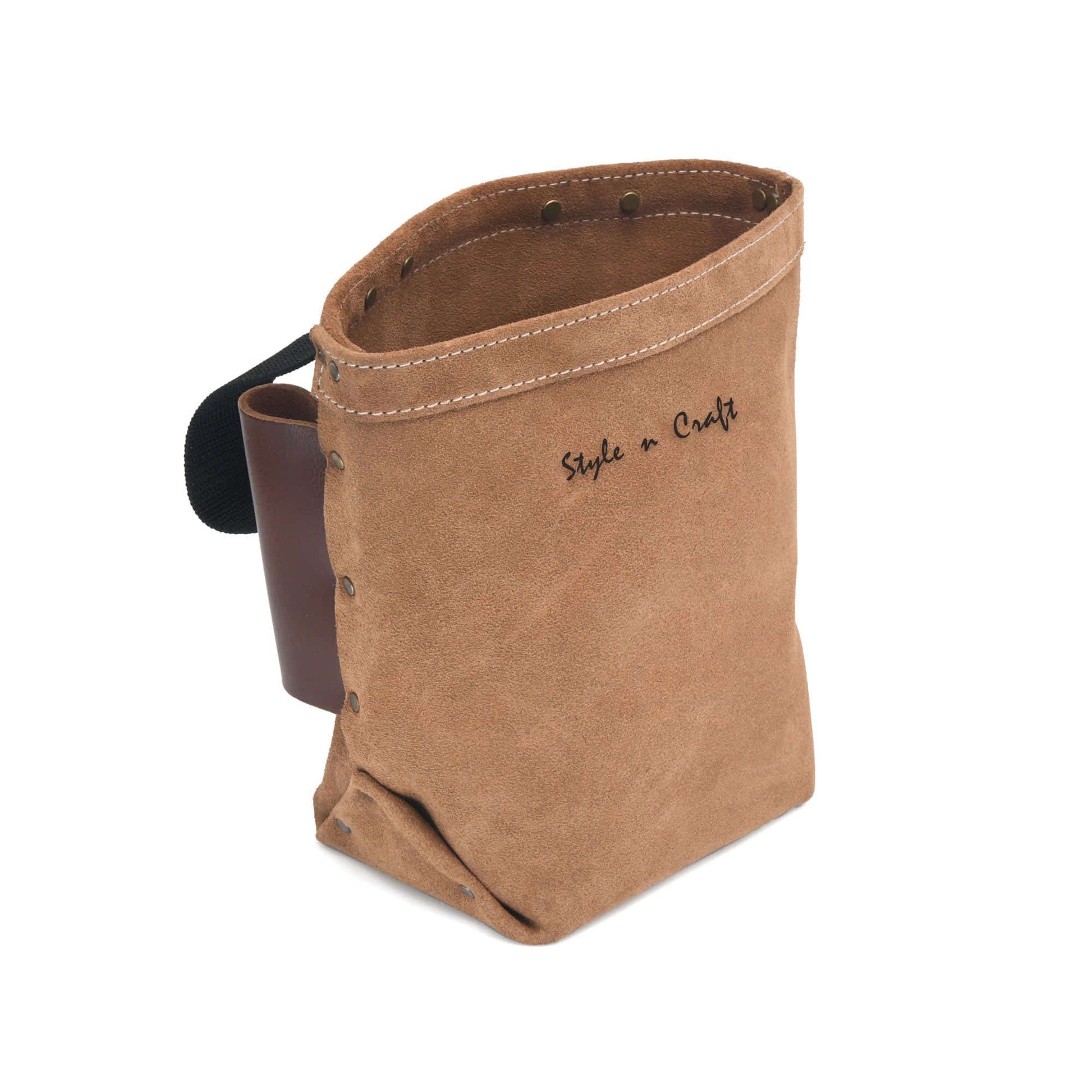 Style n Craft 88515 - Iron Worker's Bolt Bag in Heavy Duty Suede Leather in Dark Tan Color with Double Bull Pin Full Grain Leather Loops - Front Angled View
