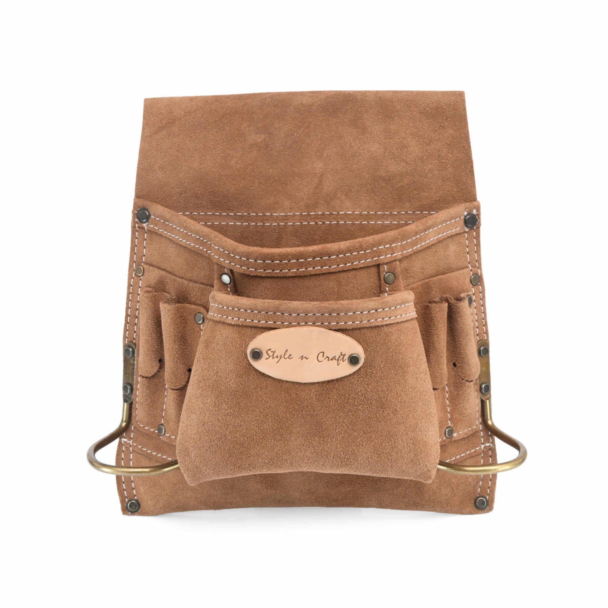 Style n Craft's 88823 - 8 Pocket Carpenter's Nail and Tool Pouch in Heavy Duty Suede Leather in Dark Tan Color - Front View