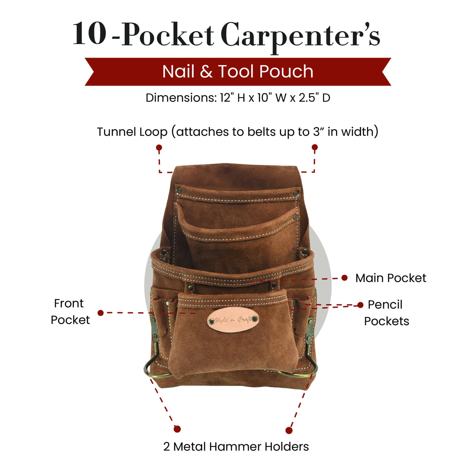 Style n Craft 88923 - 10 Pocket Carpenter's Nail and Tool Pouch in Heavy Duty Suede Leather in Dark Tan Color with Antique Finish Hardware - Front View showing the details