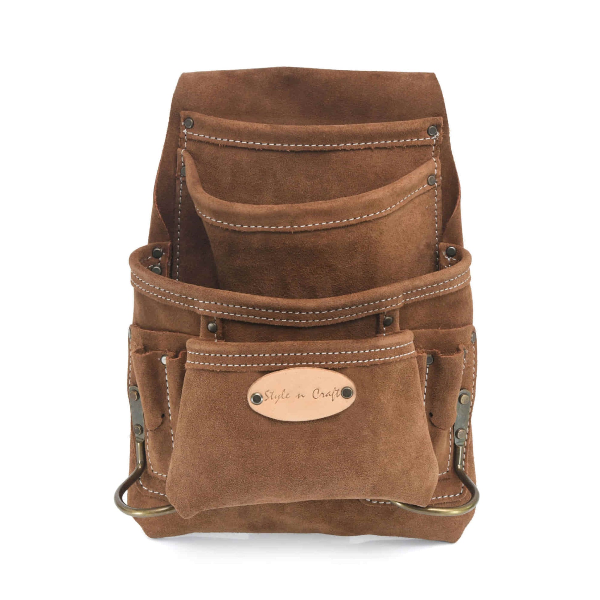 Style n Craft 88923 - 10 Pocket Carpenter's Nail and Tool Pouch in Heavy Duty Suede Leather in Dark Tan Color with Antique Finish Hardware - Front View showing the main poich, reversed front pocket, the smaller pockets above the front pocket, pencil holder pockets & 2 metal hammer holders