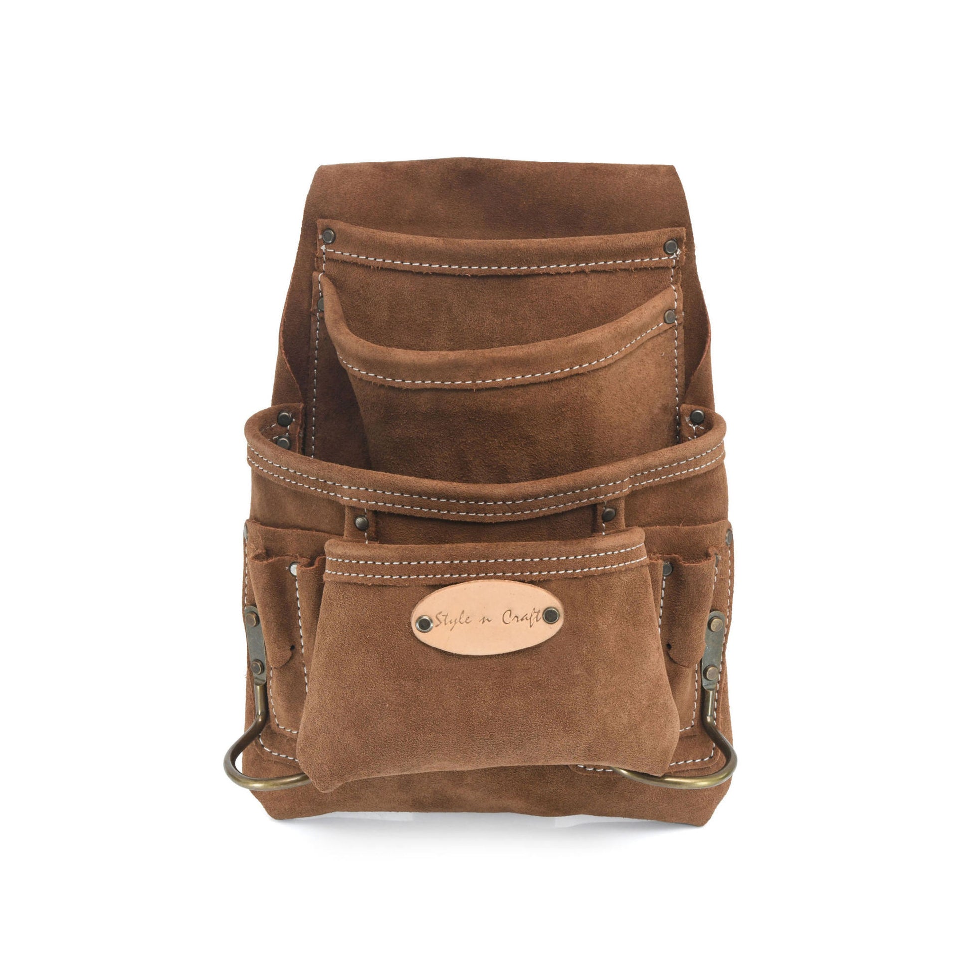 Style n Craft 88923 - 10 Pocket Carpenter's Nail and Tool Pouch in Heavy Duty Suede Leather in Dark Tan Color with Antique Finish Hardware - Front View