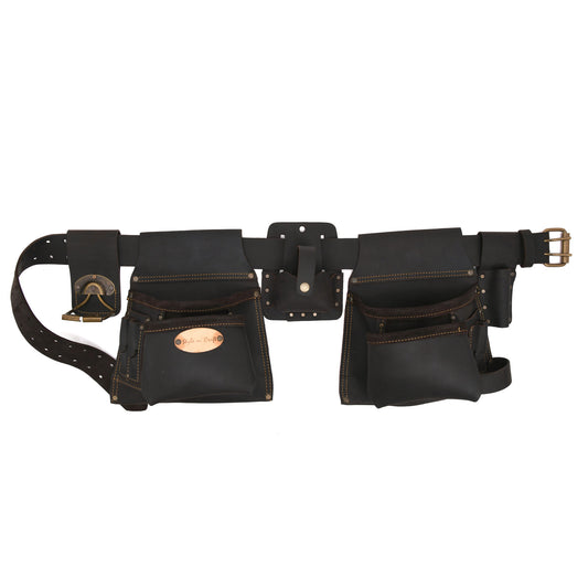 Style n Craft 90420 - 6 Piece 10 Pocket Carpenter's Combo Tool Belt in Oiled Top Grain Leather in Dark Brown Color. Combo consists of 2 Pouches, 1 Large Tape Holder, 1 Spring Loaded Swivel Hammer Holder, 1 Prybar Holder & 1 Belt with Double Prong Metal Roller Buckle