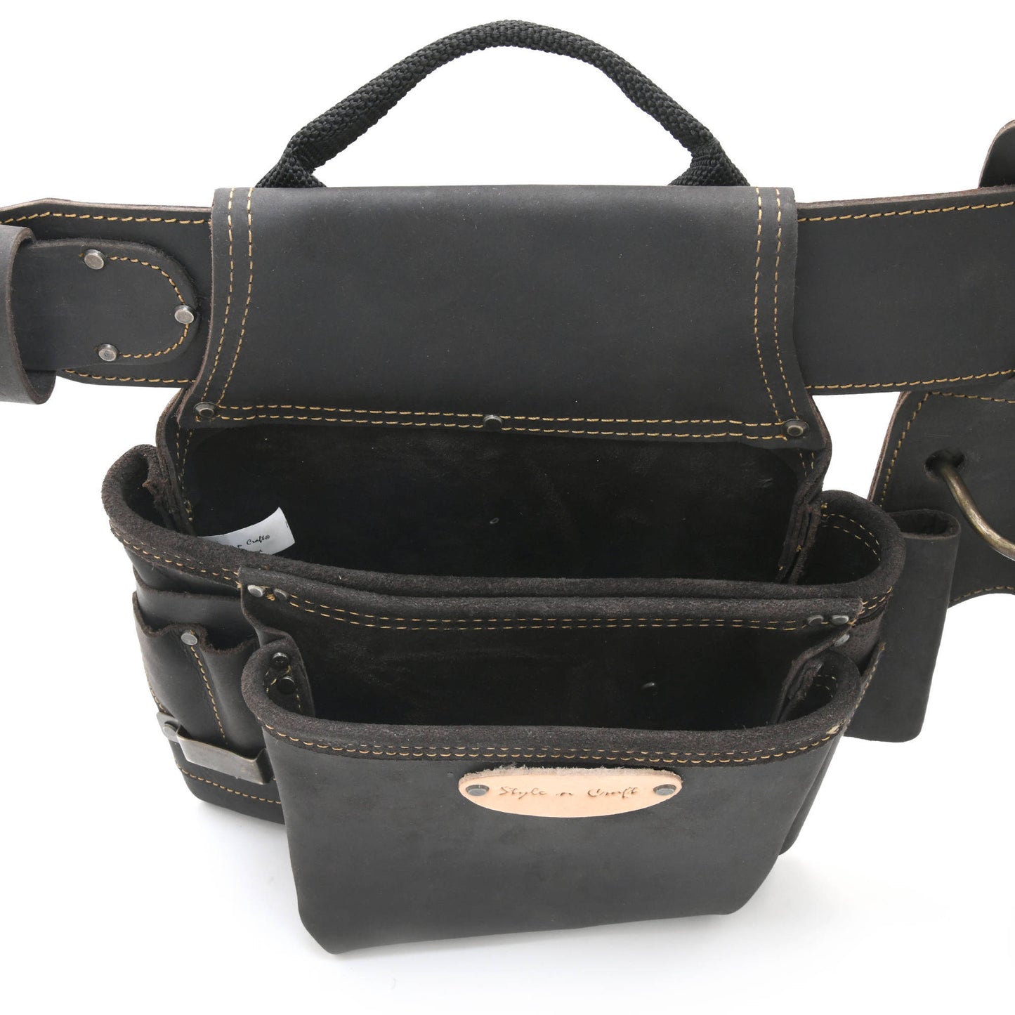 Style n Craft 90429 - Top Angled View of the Left Side Pouch of the 4 Piece 17 Pocket Pro Framer’s Combo in Full Grain Oiled Leather in Dark Brown Color  Showing the Front Pocket, Pencil Holders & Metal Tape Clip
