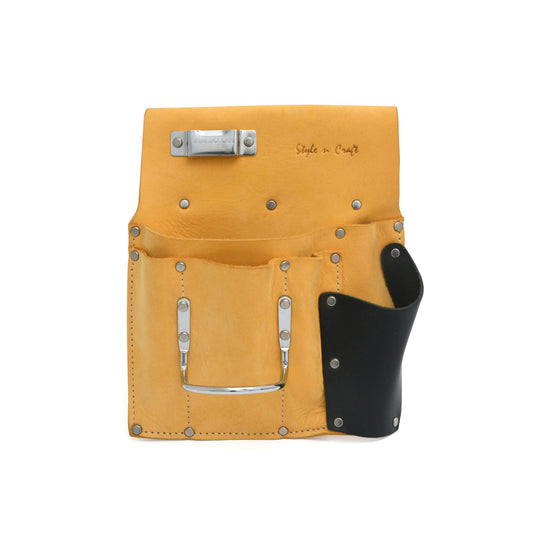 Style n Craft 93485L - 6 Pocket Drywall Hanger's Tool Pouch for Left Handed People in Yellow Color Full Grain Leather with Leather Saw Holder in Black Full Grain Leather. Metal Tape Clip & Metal Hammer Holder